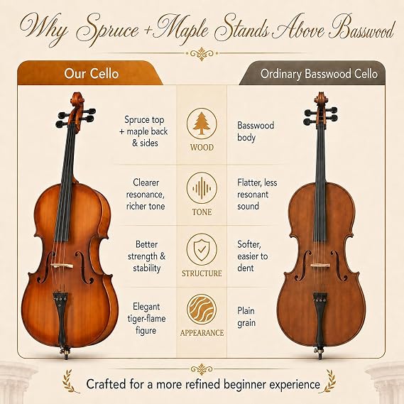 Cello 4/4 Full Size, Beginner Cello Instrument for Adults, Acoustic Cello Set with Padded Bag, Extra Strings, Bridge, Bow & Rosin for Lessons, Home Practice & School Orchestra, Matte Natural
