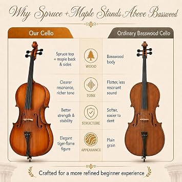 Cello 4/4 Full Size, Beginner Cello Instrument for Adults, Acoustic Cello Set with Padded Bag, Extra Strings, Bridge, Bow & Rosin for Lessons, Home Practice & School Orchestra, Matte Natural