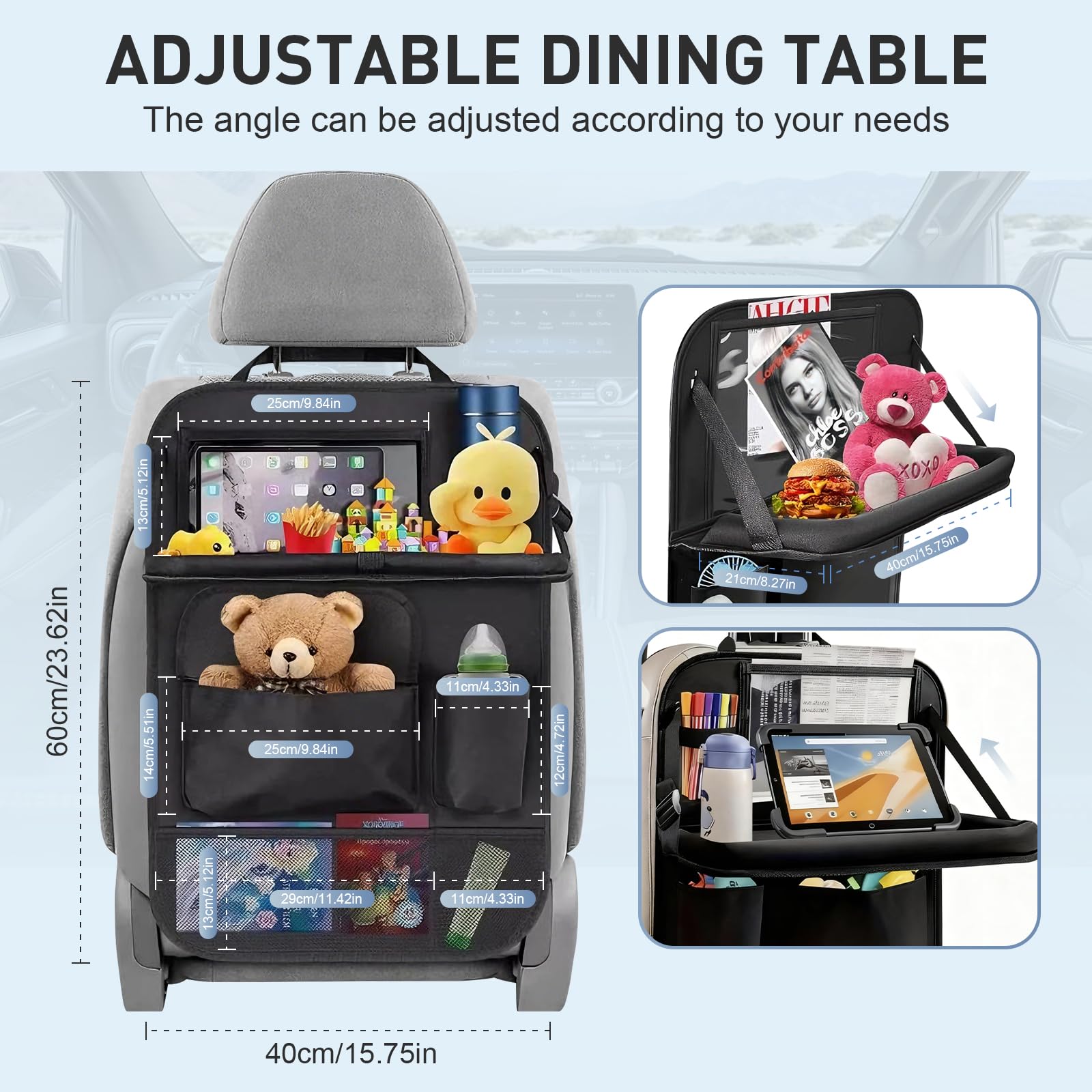 2 Piezas Organizador Coche Niños, Organizador Asiento Coche con Mesa Plegable y Funda para Tablet Oxford Protector Asiento Coche Impermeable para Viajes Familiares y Almacenamiento Juguetes