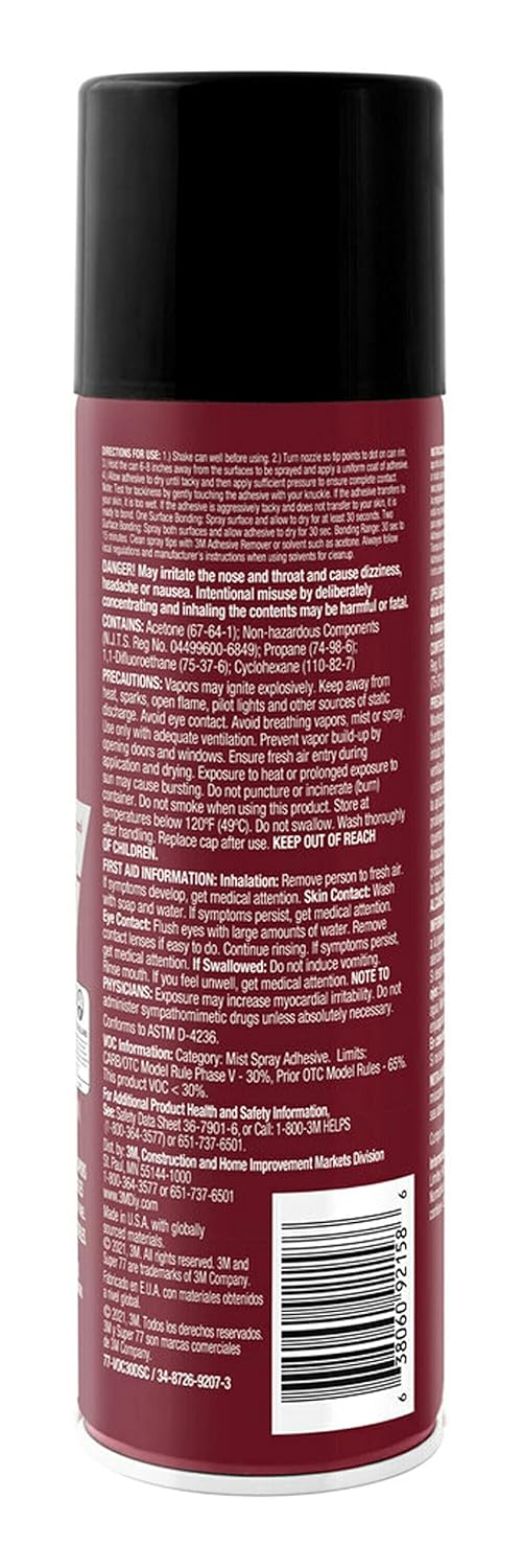 3M Super 77 Multipurpose Spray Adhesive, Low VOC, 14 oz., Meets California VOC requirements, Use on Wood, foam, Fiberglass, Glass, Leather, Paper, Plastic, Rubber, Fabric (77-VOC30DSC)