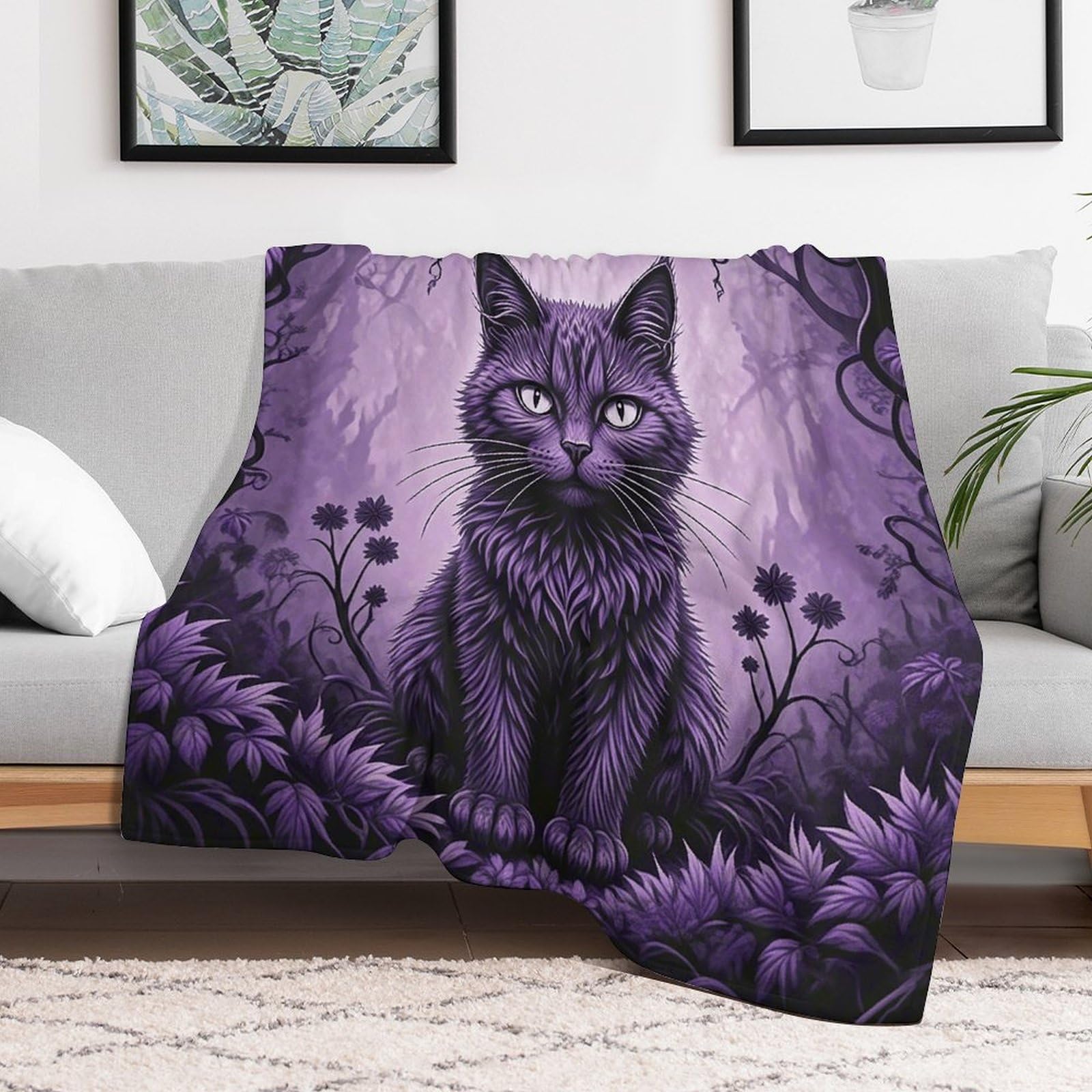 Custom Purple Gothic Cat Blanket Lightweight Flannel Fleece Throw for Couch Sofa Bed Luxury Soft Cozy Plush Lap Bedtime Blanket for All Seasons Bedroom Home Decor Gifts 50x60