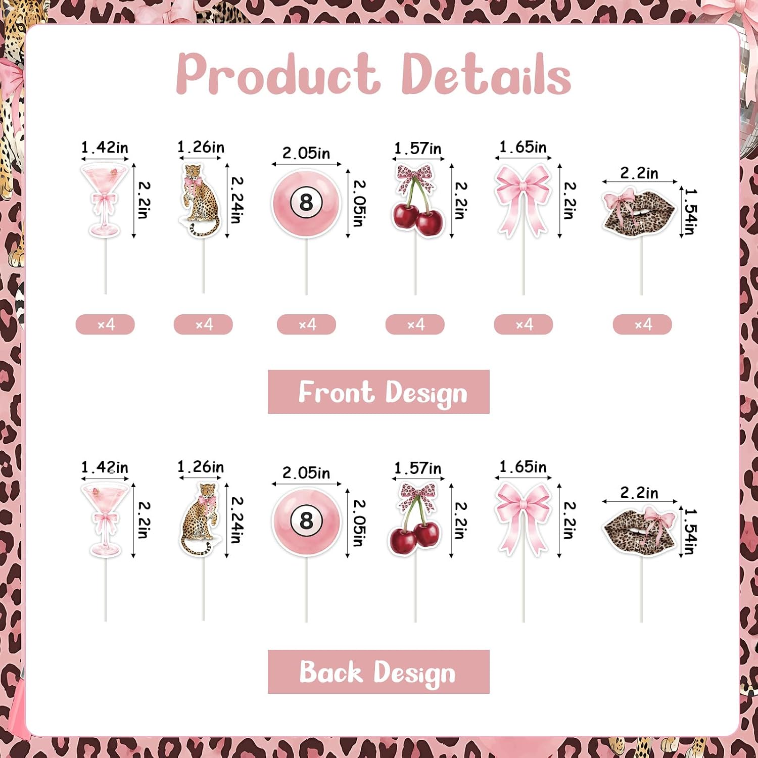 24 Pcs Cheetah and Berry Theme Cupcake Toppers - Pink Leopard Birthday Decorations for Girls Women, Double Sided Jungle Safari Animal Theme Cake Decor Party Supplies for Baby Shower