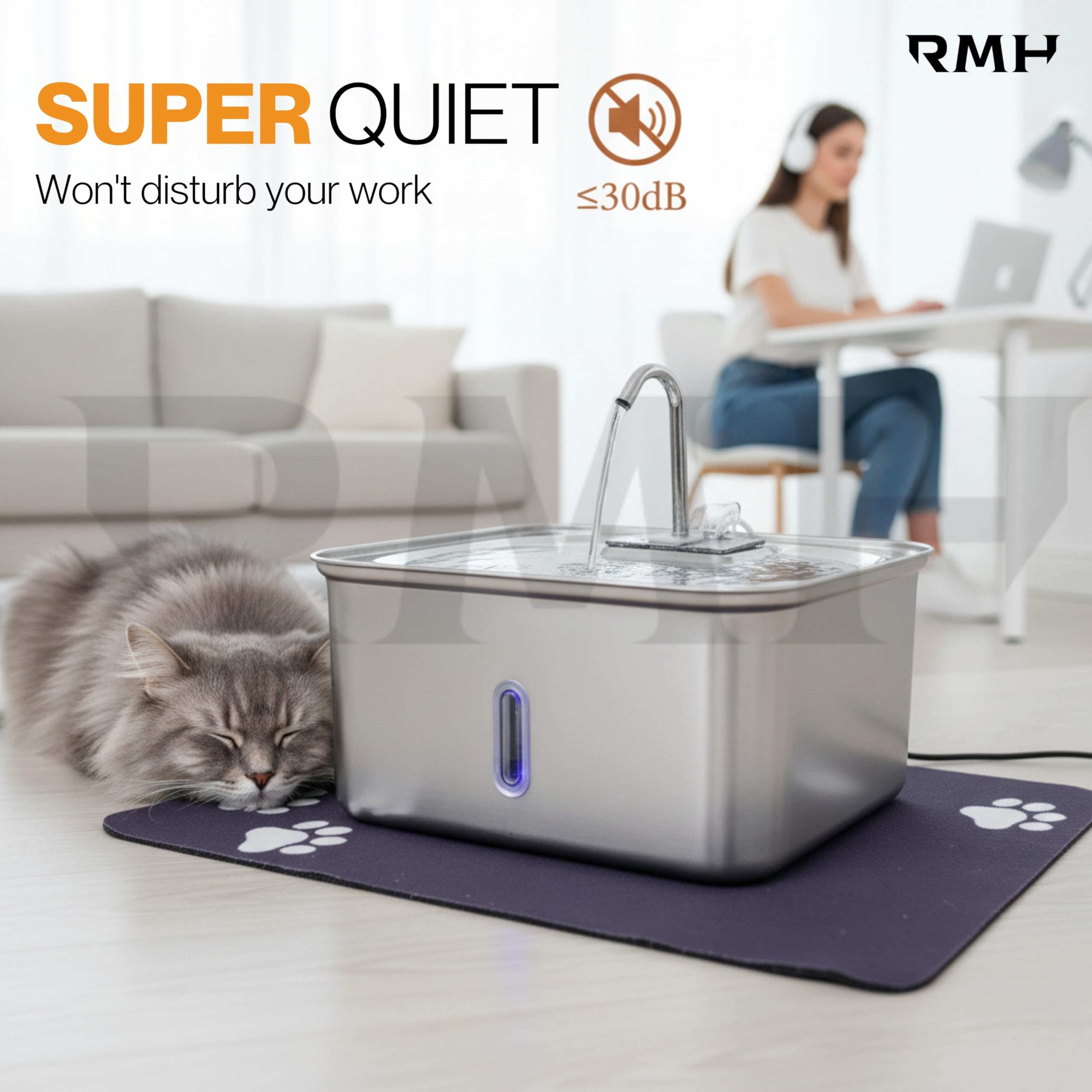 RMH 7L Stainless Steel Dog & Cat Water Fountain with Large Waterproof Mat – Automatic Pet Drinking Fountain for Large Dogs & Multi-Pet Homes, Quiet Pump, 3-Stage Filtration, LED Water Window - image 5