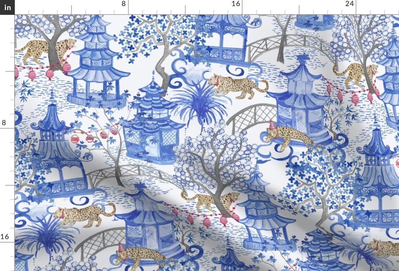 Spoonflower Fabric - Pagoda Forest Chinese Chinoiserie Lanterns Leopard Blue White Toile Printed on Upholstery Velvet Fabric Fat Quarter - Upholstery Home Decor Bottomweight Apparel