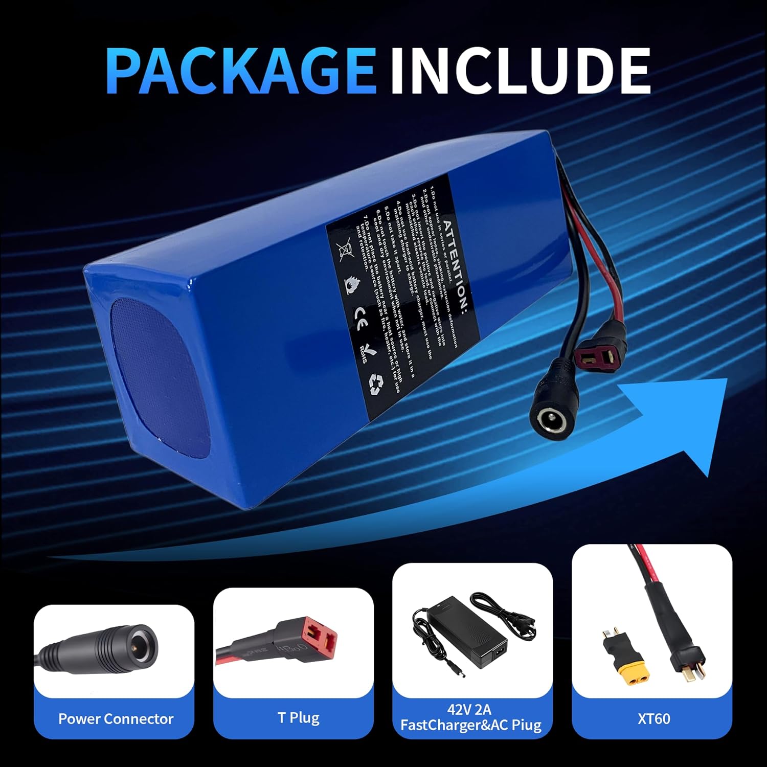 8AH 36V Lithium Battery, 36 Volt 8000mAh Rechargeable Lithium-ion Battery with Charger, T-Plug to XT60 Connector, Charging Cable, for 200W -500W - Image 5