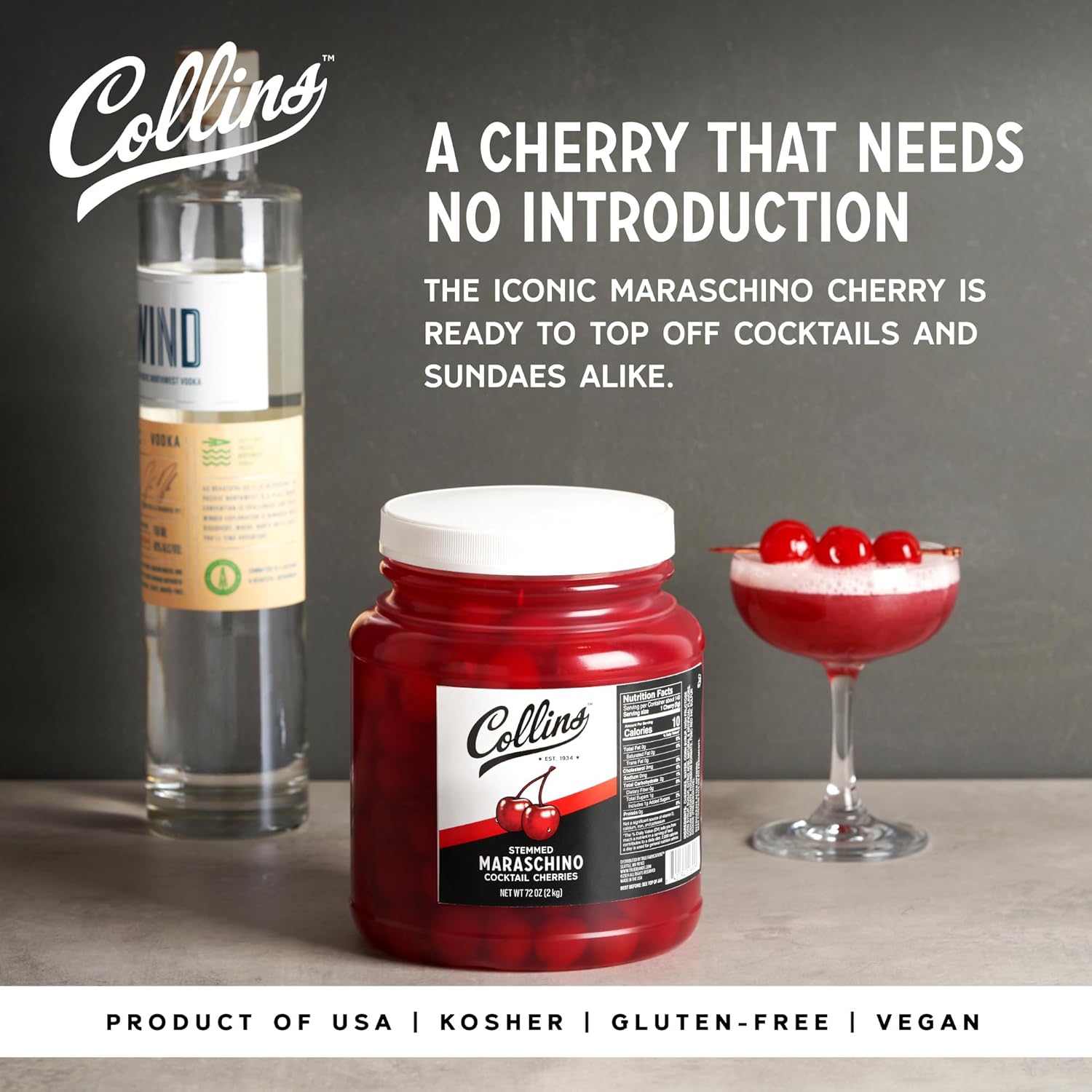 Collins 72 oz Stemmed Maraschino Cherries, Bulk Cocktail Garnish for Mocktails, Desserts and Ice Cream Sundaes, Bright Red Cherries with Stems for Party Supply, Food Service & Bars, 4.5 Pound Jar