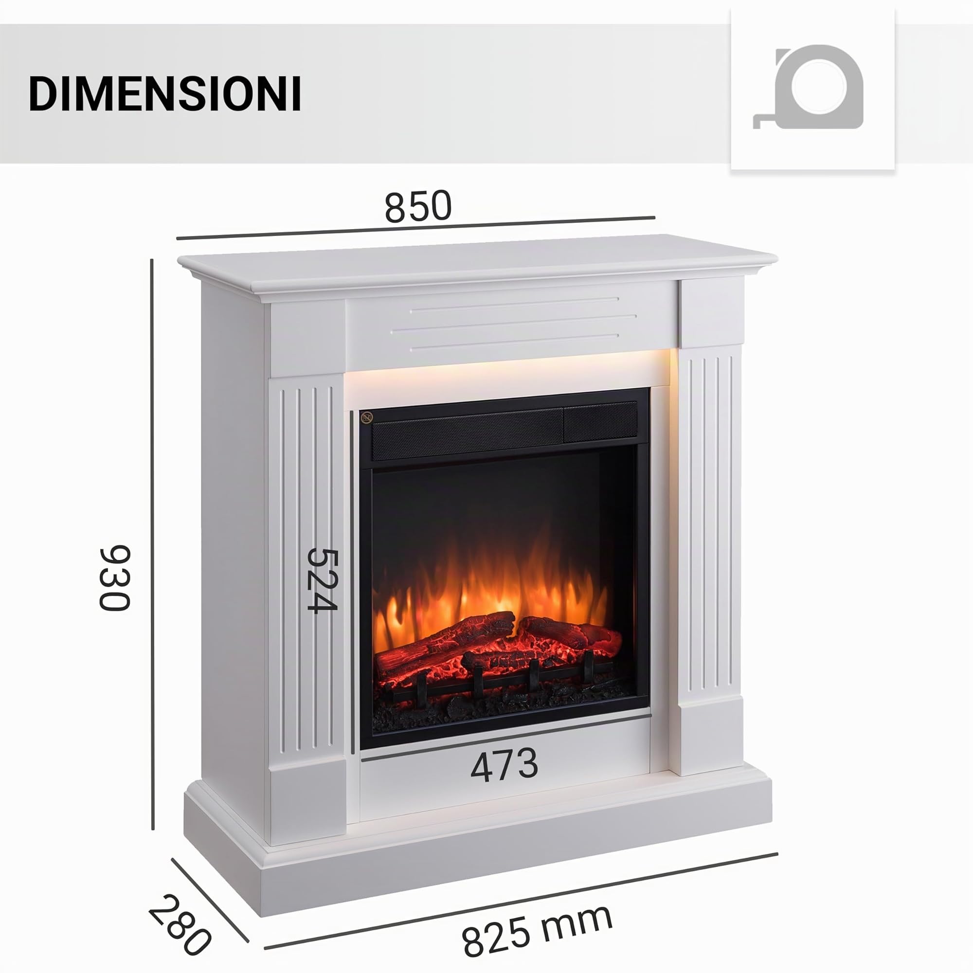 Richen camino elettrico EF223A-MT223A, camino da parete elettrico (2000 W, illuminazione a LED, effetto fiamma 3D, telecomando) Bianco