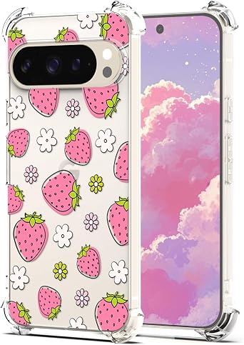 Girls Case for Google Pixel 10 Pro XL Cute Strawberry, Soft Shockproof Protective Phone Case Women Strawberries Flowers Clear Cover for Google Pixel 10 Pro XL Kids