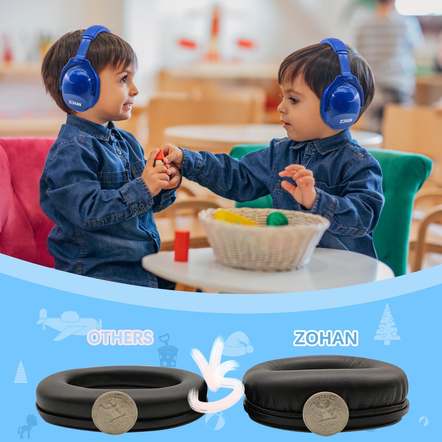 ZOHAN Kids Ear Protection 2 Pack, 25dB NRR Noise Cancelling Headphones for Kids, with Pillowy Pads, for Monster Truck, School, Autism, Sensory, Fireworks, Concerts, Events(Sapphire Blue+Sapphire Blue) image 4
