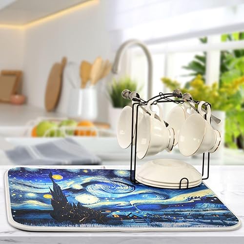 Miniatura 5 de Tapete de secado nocturno de platos estilo Van Gogh para encimera de cocina, tapete escurridor de platos de microfibra, absorbente de secado rápido,