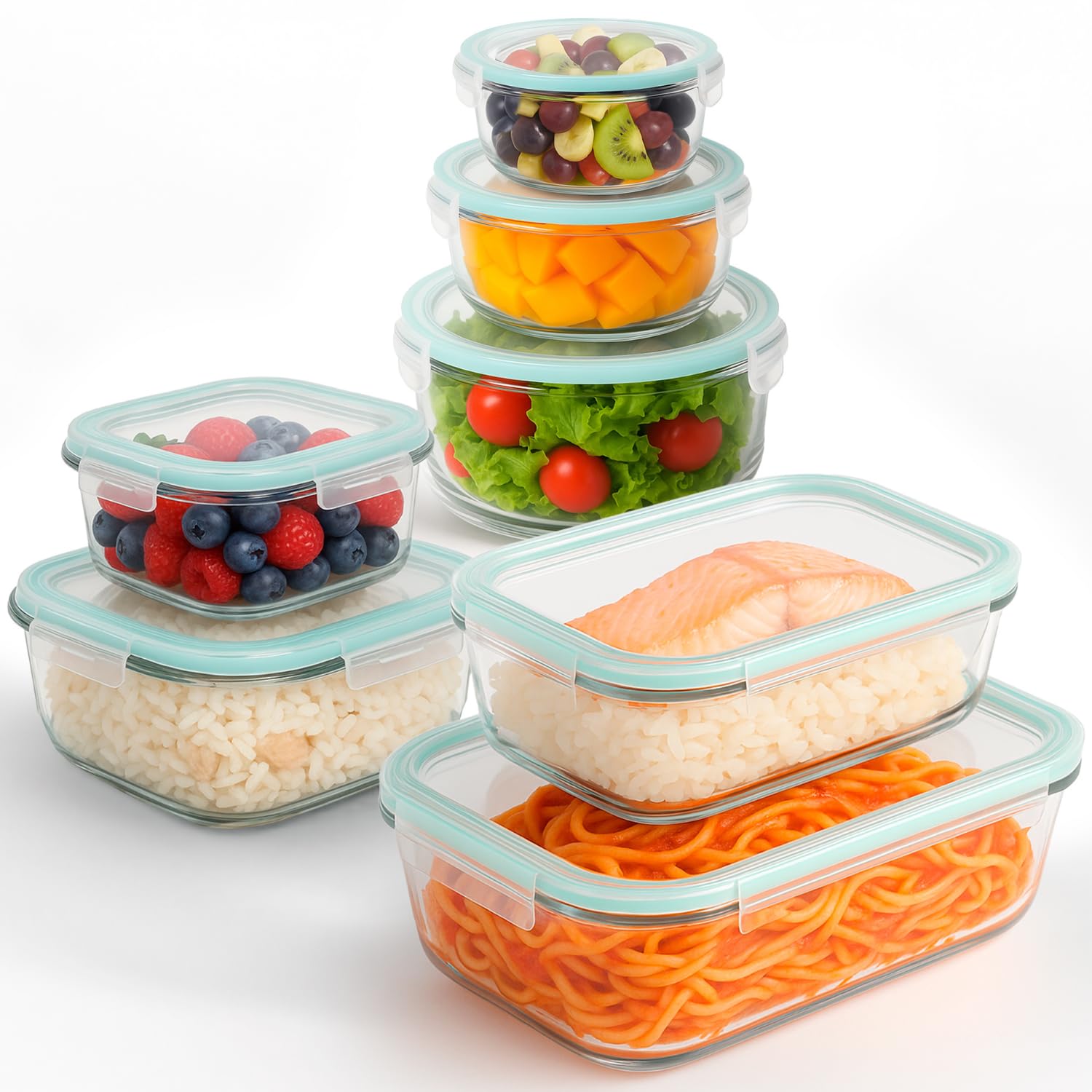 edihome, Recipientes de Cristal para alimentos, 14 Piezas (7 recipientes + 7 tapas), para Comida Hermetico, Apto para lavavajillas, congelador, microondas, sin BPA (7 Recipientes)