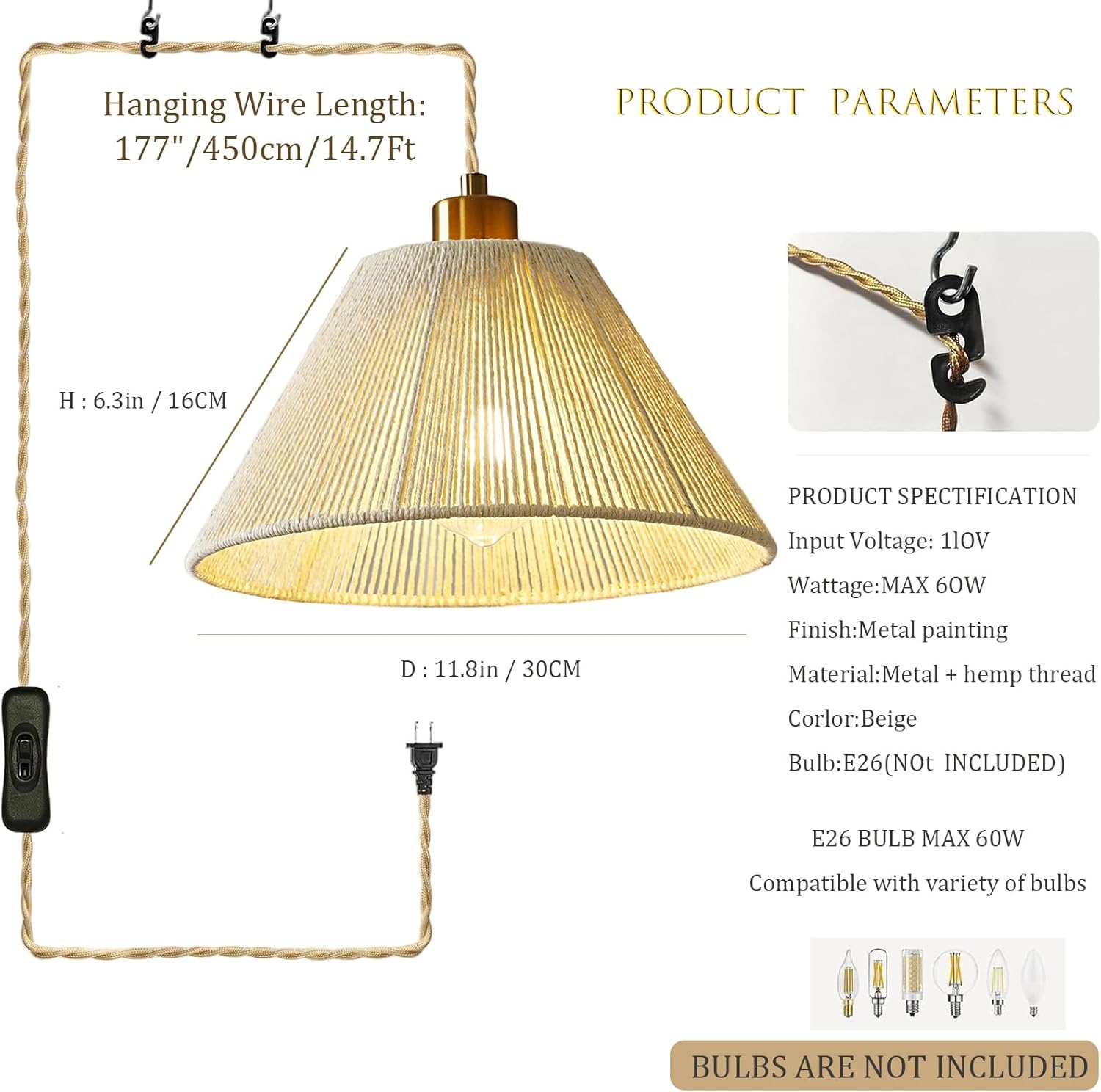 12" Boho Plug in Rattan Pendant Lights Kitchen Island- Adjustable Modern Mini Hand Woven Hanging Lamps, Farmhouse Coastal Style Pendant Light Fixtures for Dining Room, UL Listed-Beige