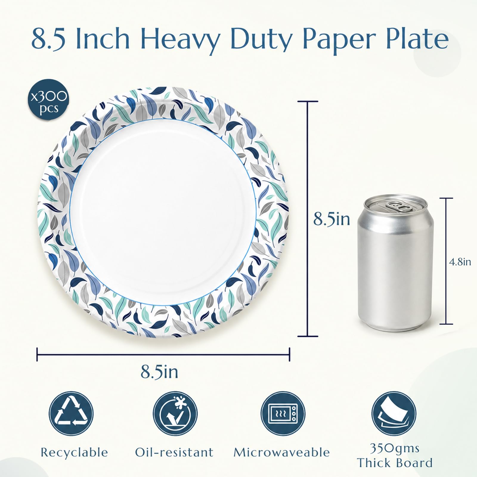 OuMuaMua Platos de papel de 8.5 pulgadas, 300 platos desechables resistentes, a prueba de remojo y resistentes a los cortes, aptos para microondas, platos a granel para comidas diarias, almuerzo y uso
