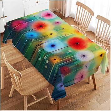Swono Abstract Floral Table Cloth Red Yellow Flowers Grass Field Rectangle Tablecloth Picnic Table Cover BBQ Table Cloths Polyester for Kitchen Coffee 50x72 Inch