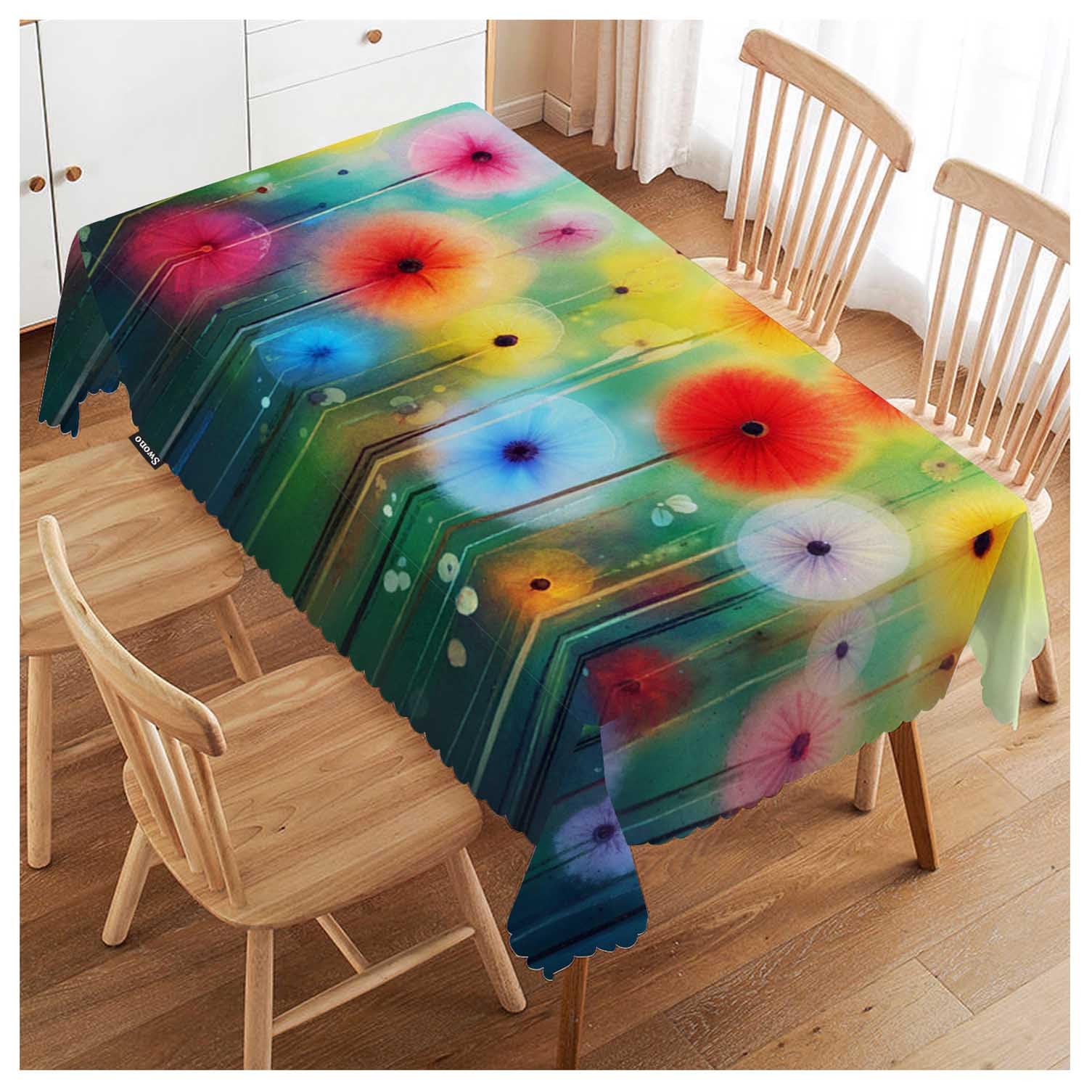 FJQWKLF Abstract Floral Table Cloth Red Yellow Flowers Grass Field Rectangle Tablecloth Picnic Table Cover BBQ Table Cloths Polyester for Kitchen Coffee 50x72 Inch