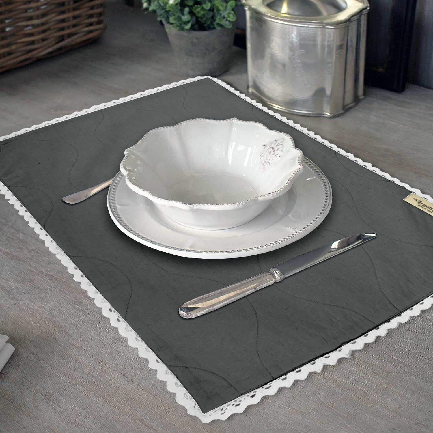 Gray Solid Home Decor Washable Lace Placemats & Napkins Table Decor Dining Mats-Pack of 6