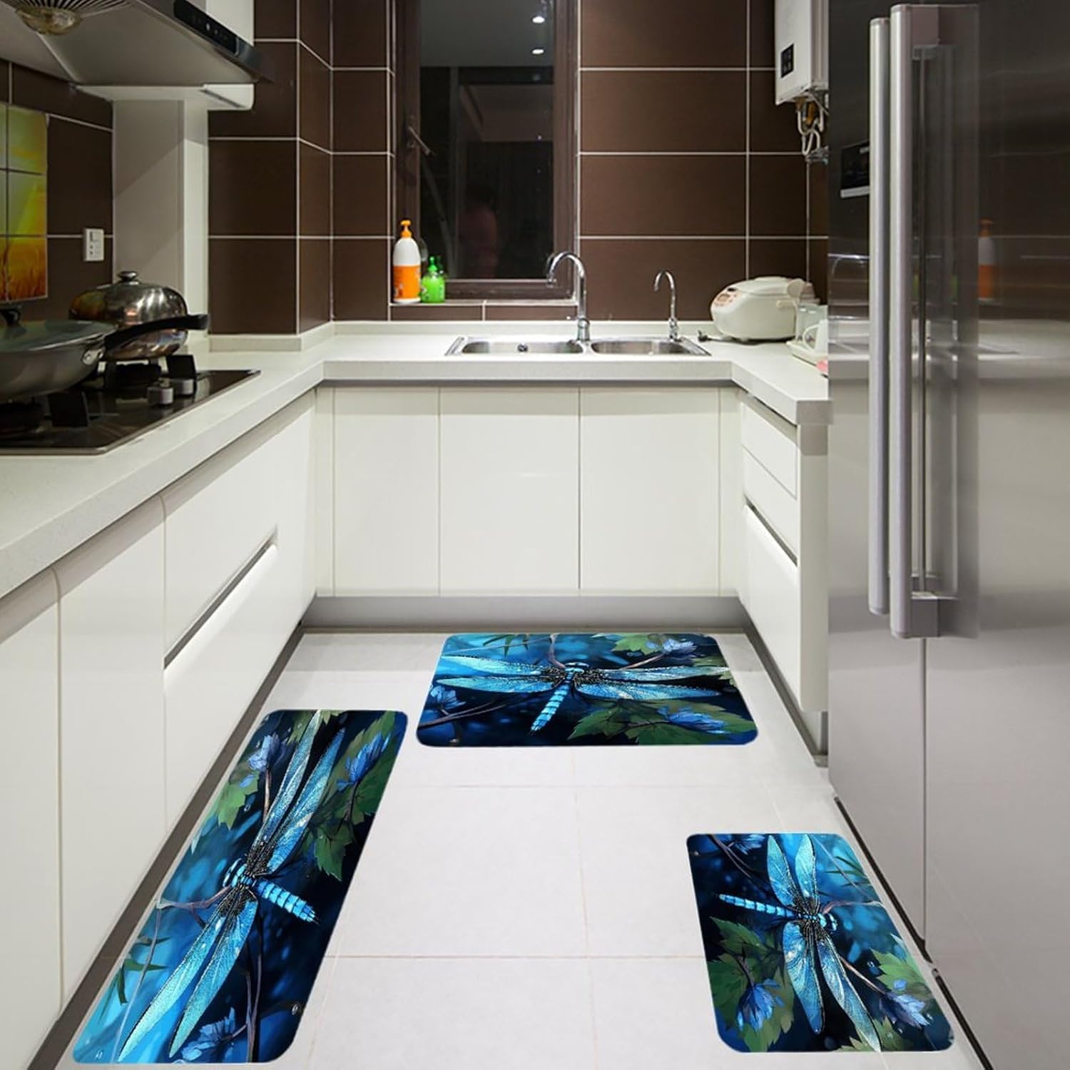 Art Blue Dragonfly Kitchen Rugs Sets of 3 Non Slip Kitchen Mats for Floor Farmhouse Kitchen Sink Mat Thick Comfort Standing Mat for Laundry Room Hallway Bathroom