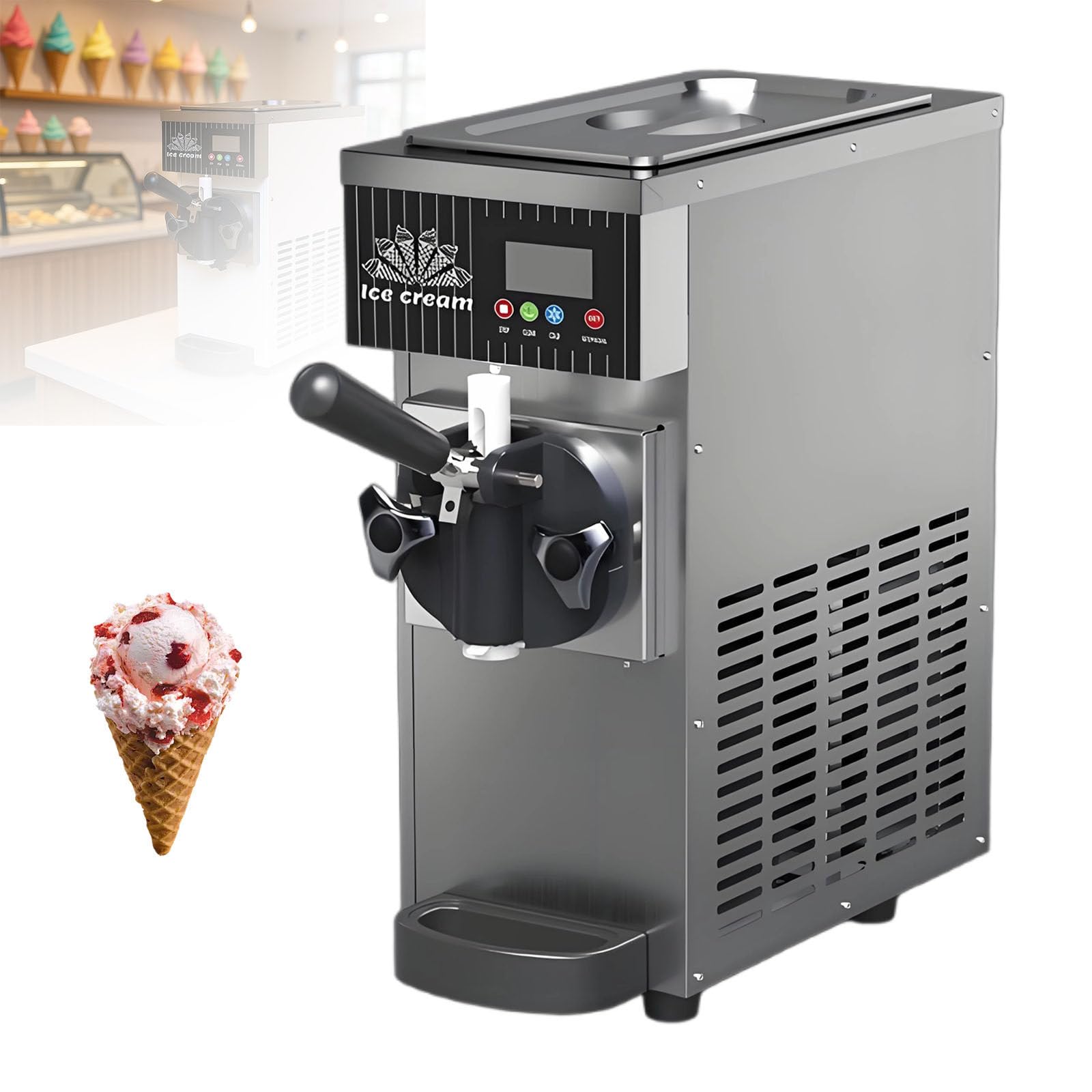 DzkZen Commercial Vertical Soft Serve Ice Cream Maker, 450W Countertop Machine, Produces 4-5kg/H, Ideal for Restaurants and Snack Bars Grey