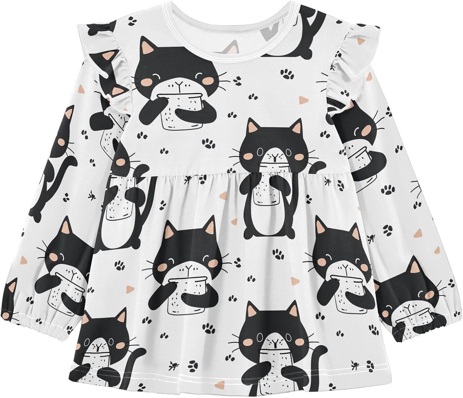 visesunny Toddler Clothes for Girls Simple Black Cat Long Sleeve Fall Shirts Cotton Top with Ruffle Collar