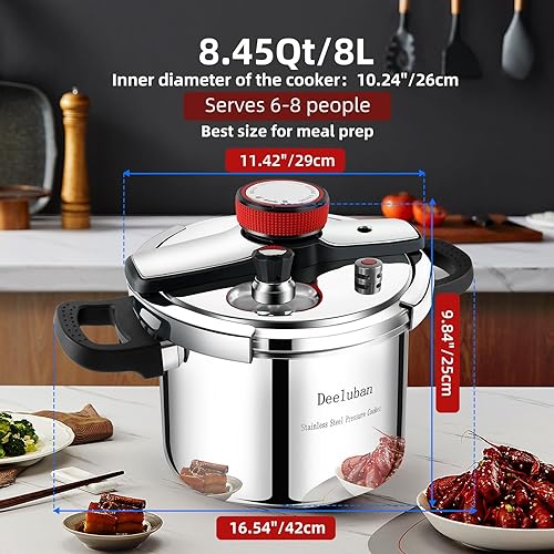 Miniatura 3 de Olla a presión de acero inoxidable de 8 cuartos de galón, olla a presión superior para estufa comercial, bloqueo con una mano, compatible con gas e