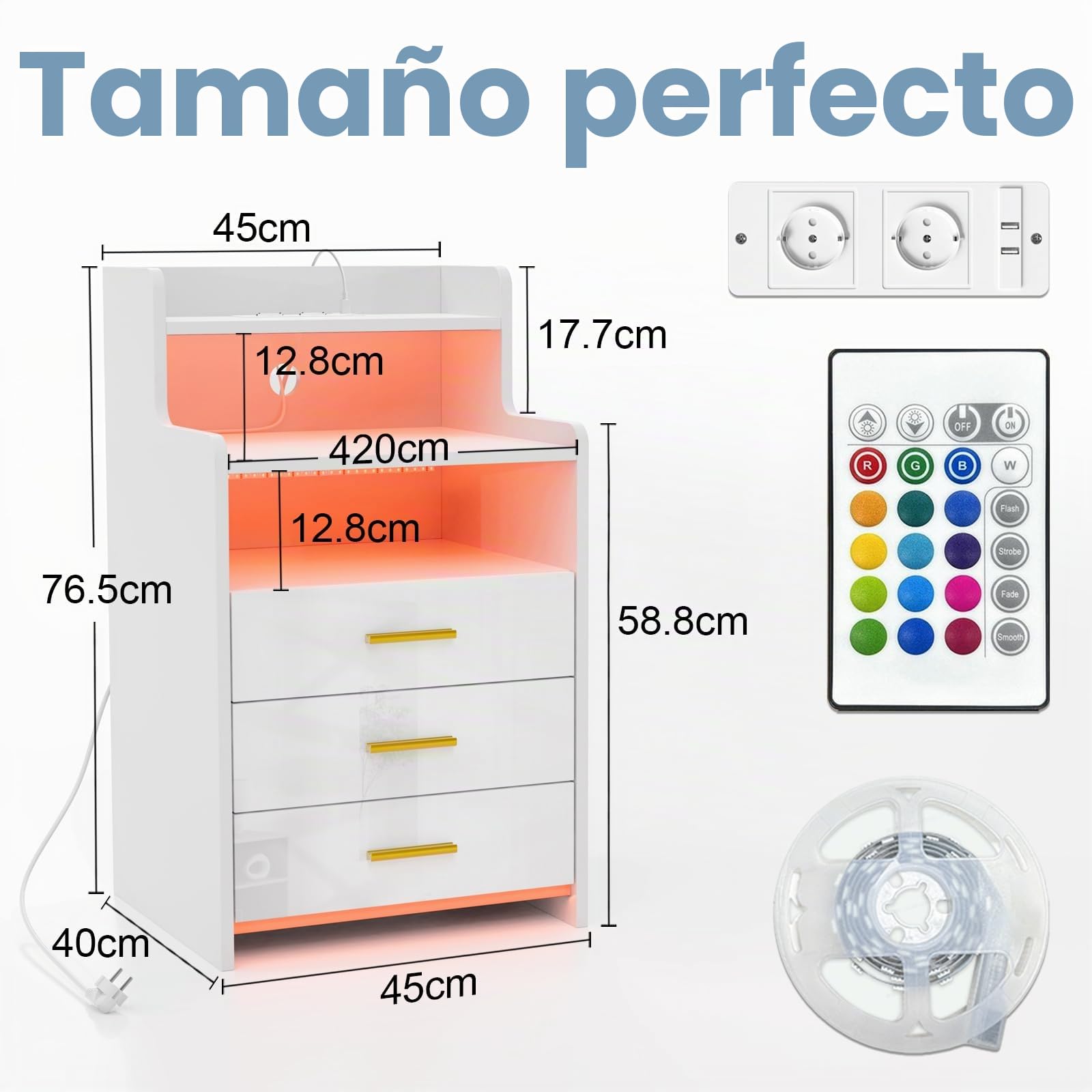 2 Mesitas de Noche con Enchufe, Mesillas de Noche Dormitorio Pack 2, Mesita Auxiliar de Madera con luz LED, Mesa de Noche Dormitorio con 3 Cajones, 45x40x76 cm Mesita de Noche Salón, Blanco