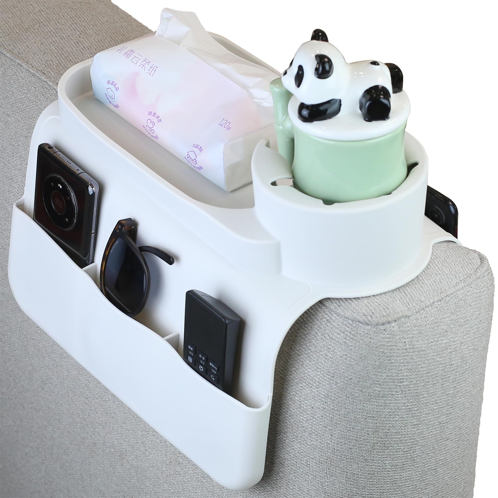Silicone Sofa Cup Holder Tray, Non-slip Sofa Armrest Cup Holder with Side Pockets, Multi-functional Sofa Armrest Organiser, for Mobile Phones, Snacks, Various Cups ﻿ (white)