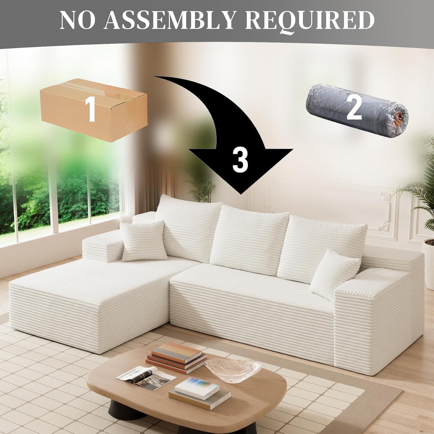 HYJT-H&K Modular Sectional Sofa Cloud Sectional Couch, 107" Comfy Fluffy L Shaped Beige Couches for Living Room, Deep Seat Memory Foam Plush Corduroy Boneless Couch Sectionals Left Facing Chaise Sofa 107"+L Shaped Beige White+left Facing