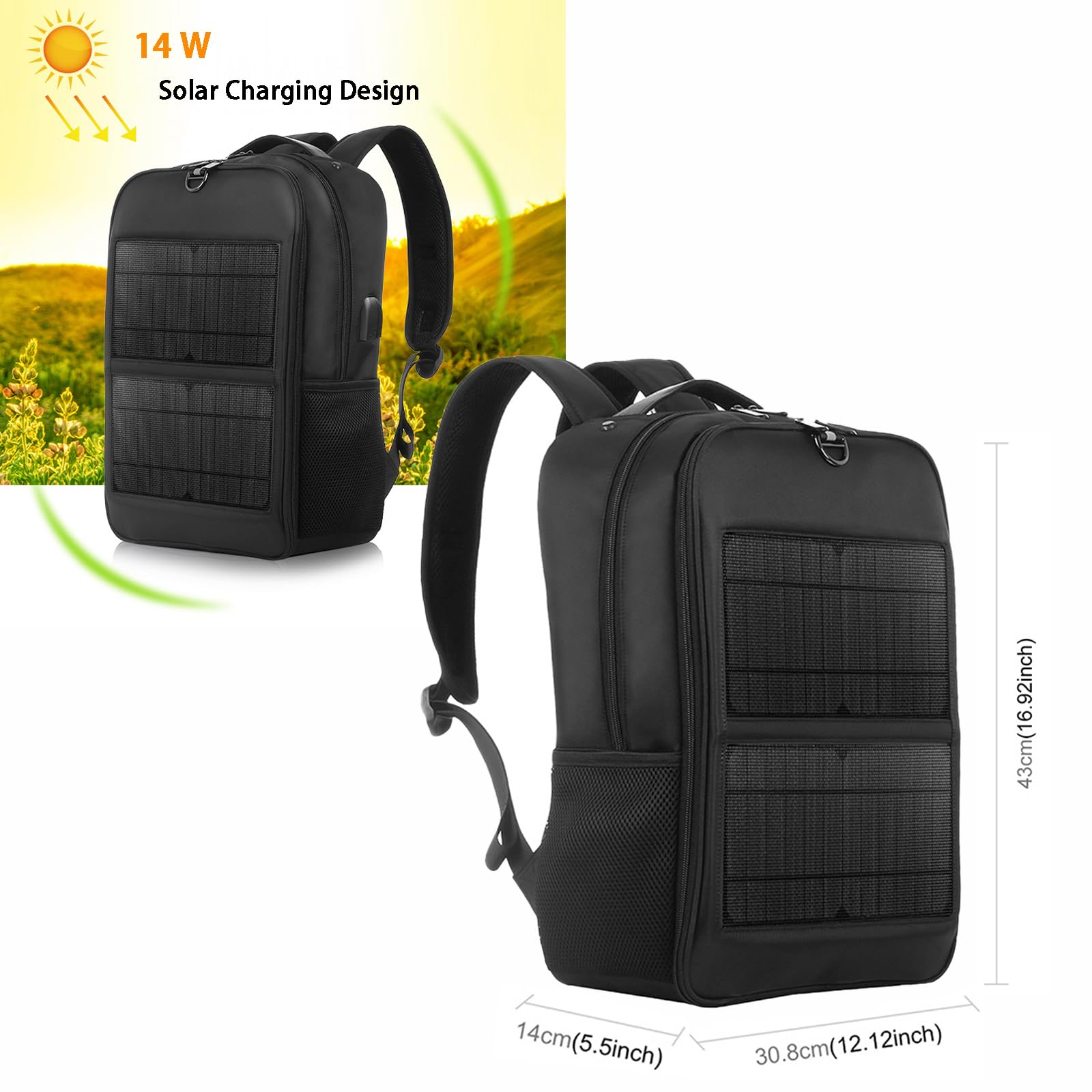 Zaino solare da 14 W, impermeabile, con ricarica USB intelligente, borsa ergonomica multifunzione per computer portatile, zaino da trekking all'aperto, perfetto per affari, corsa, ciclismo,