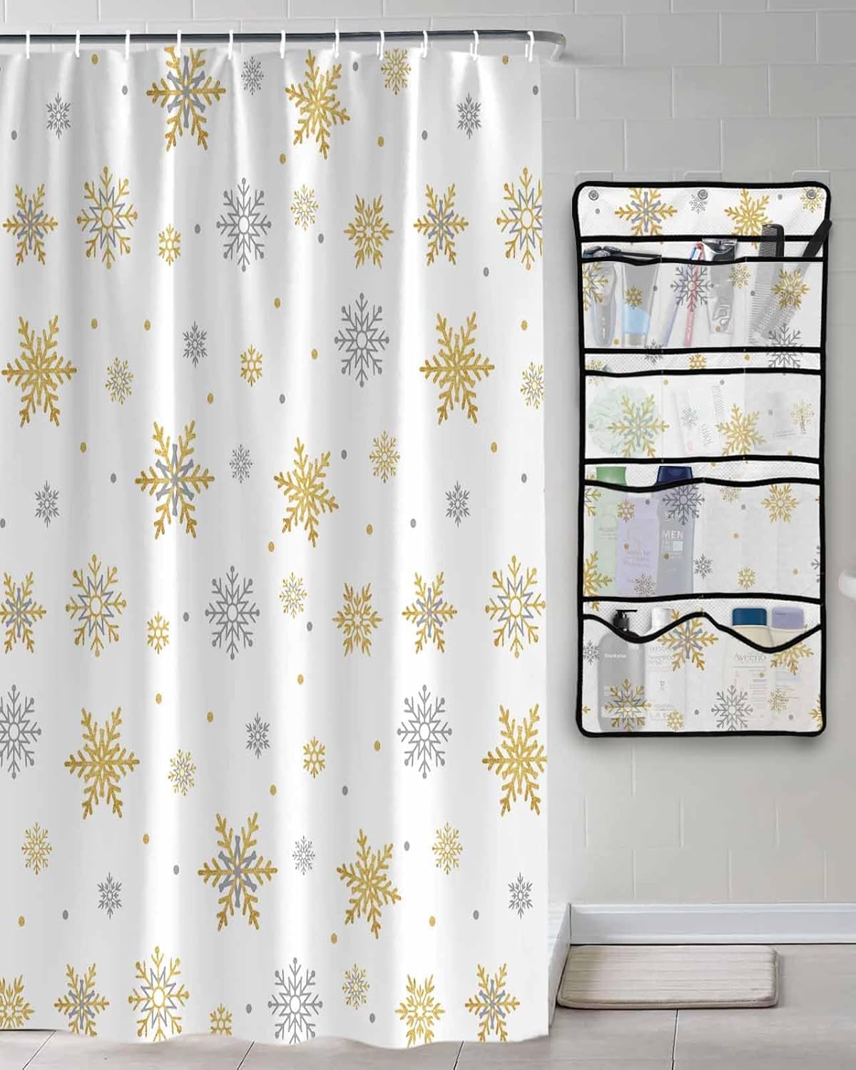 Shower Curtain Mesh Shower Organizer Hanging Set Christmas Gold and Grey Snowflake White Waterproof Shower Curtains with 10