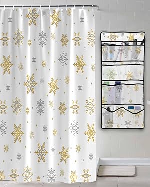 Shower Curtain Mesh Shower Organizer Hanging Set Christmas Gold and Grey Snowflake White Waterproof Shower Curtains with 10