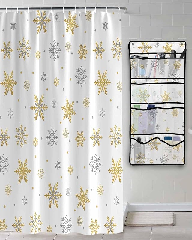 Shower Curtain Mesh Shower Organizer Hanging Set Christmas Gold and Grey Snowflake White Waterproof Shower Curtains with 10