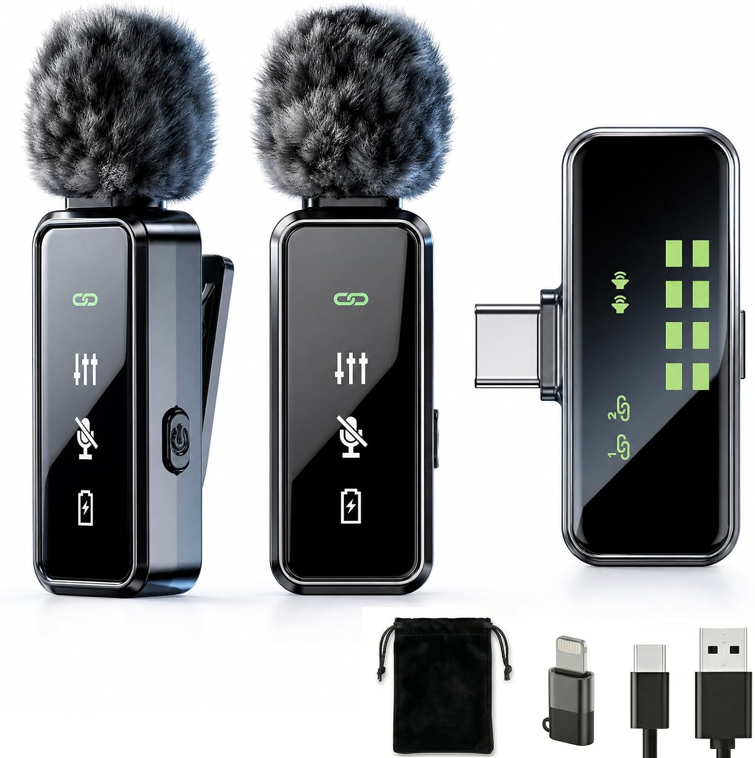 Wireless Lavalier Microphone, 12H Lapel Microphone with Digital Display & Smart Noise Cancellation, Mini Clip On Mic for iPhone Android Type-C, Recording Mic for YouTube TikTok Vlog Podcast Interview