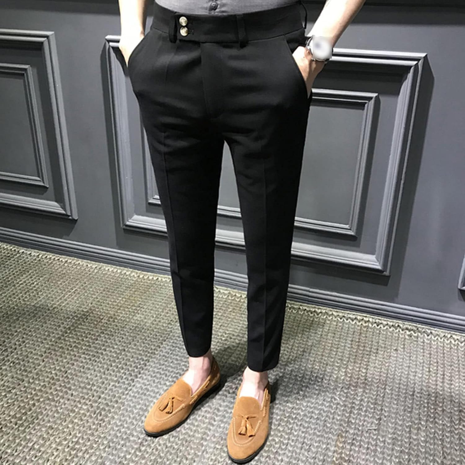 DGHM-JLMY Men's Slim Casual Trousers British Cropped Pants Stretch Cropped Skinny Pants Business Pants Ankle Dress
