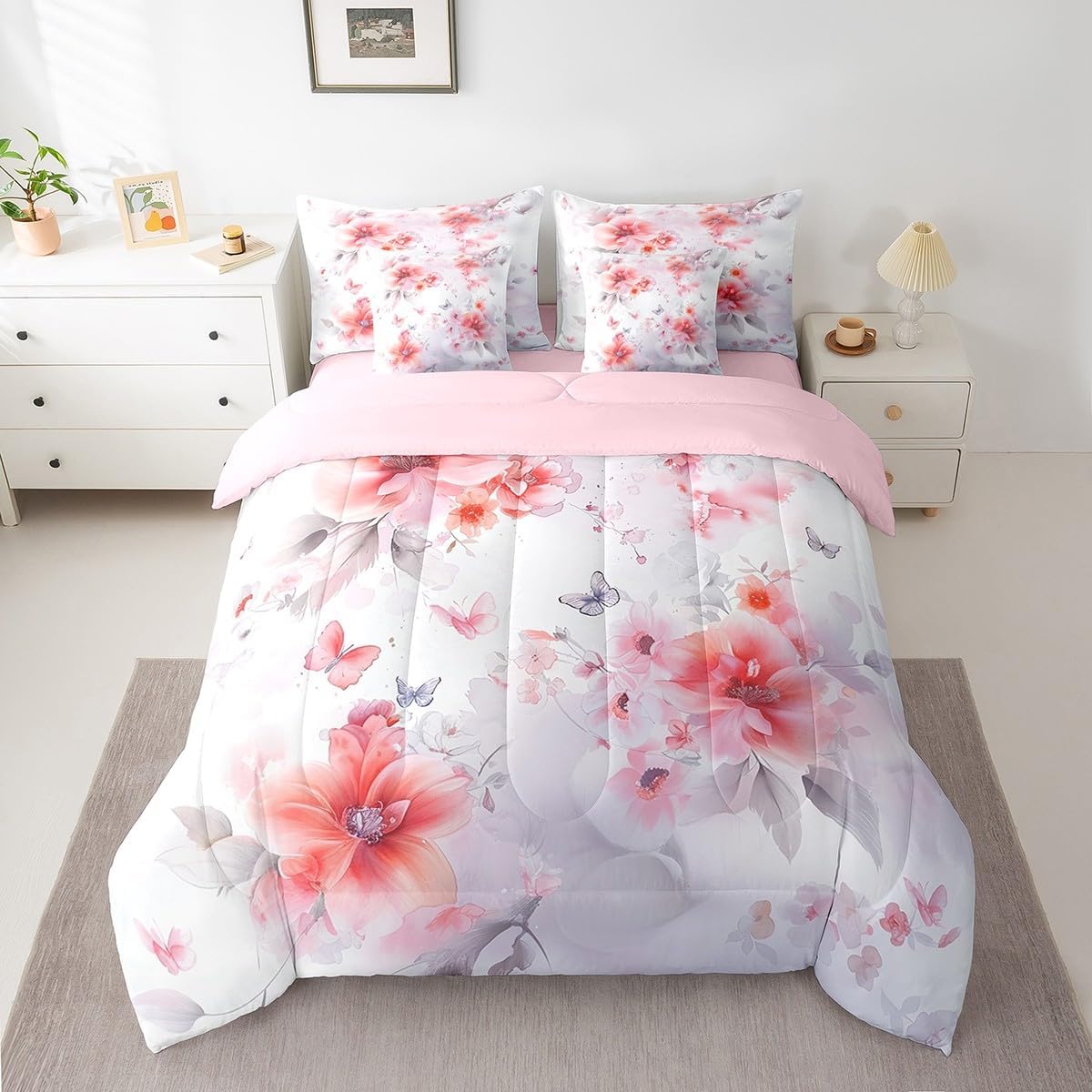 Erosebridal Watercolor Flowers Bed in a Bag Twin Comforter Set 7 Piece,Romantic Butterfly Floral Bedding Sets Spring Botanical Blossom Petals Leaves Aesthetic Sheet Set with Comforter,Red Green