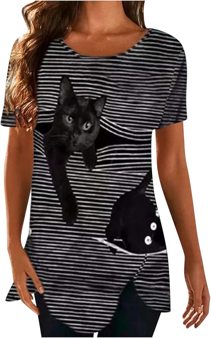 Women Casual Loose TShirt Cat Printting Striped Blouse Tops Crew Neck