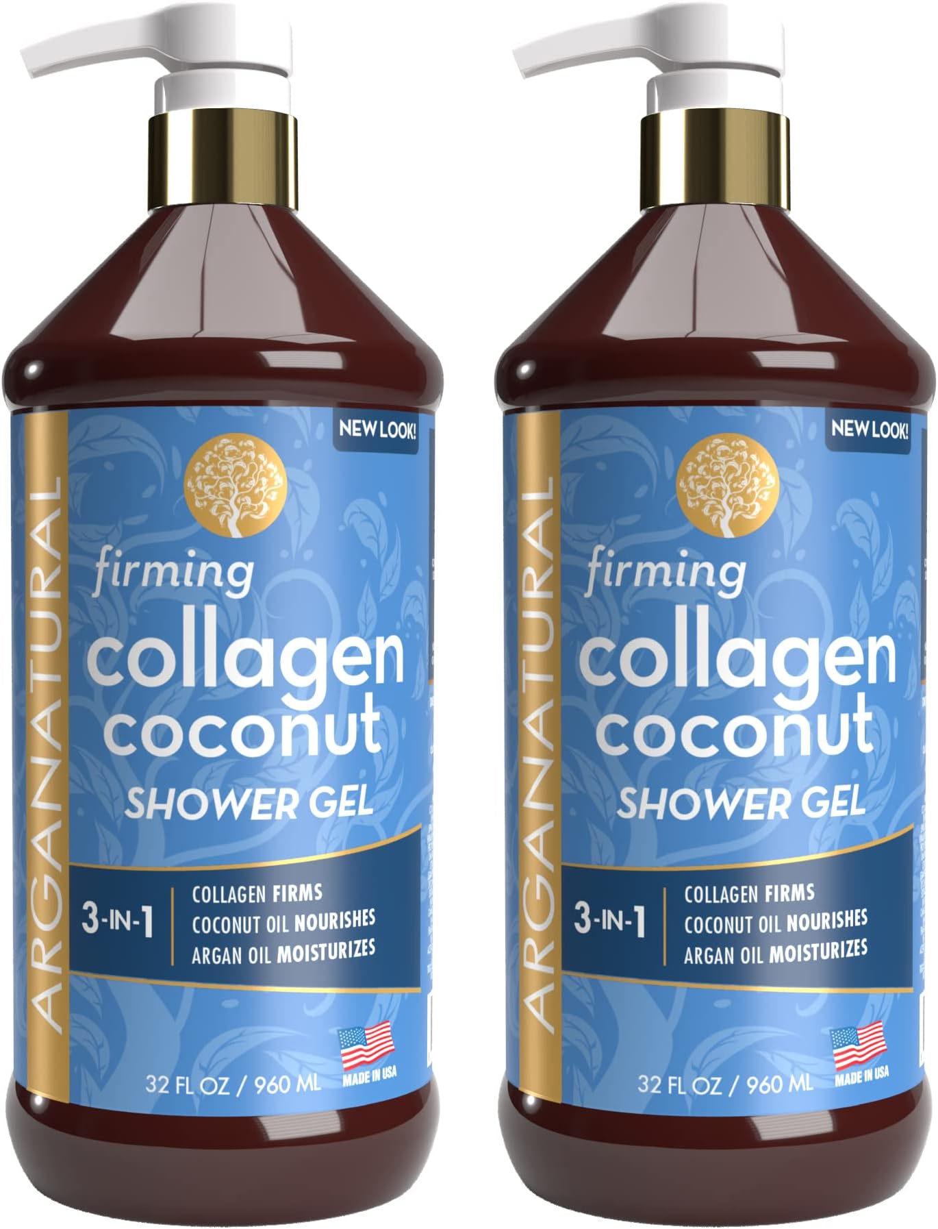 Arganatural Firming Collagen Coconut Shower Gel, 960ml/32 fl oz, 2-Pack, Paraben-Free Bath Soap, Soften and Cleanse Skin
