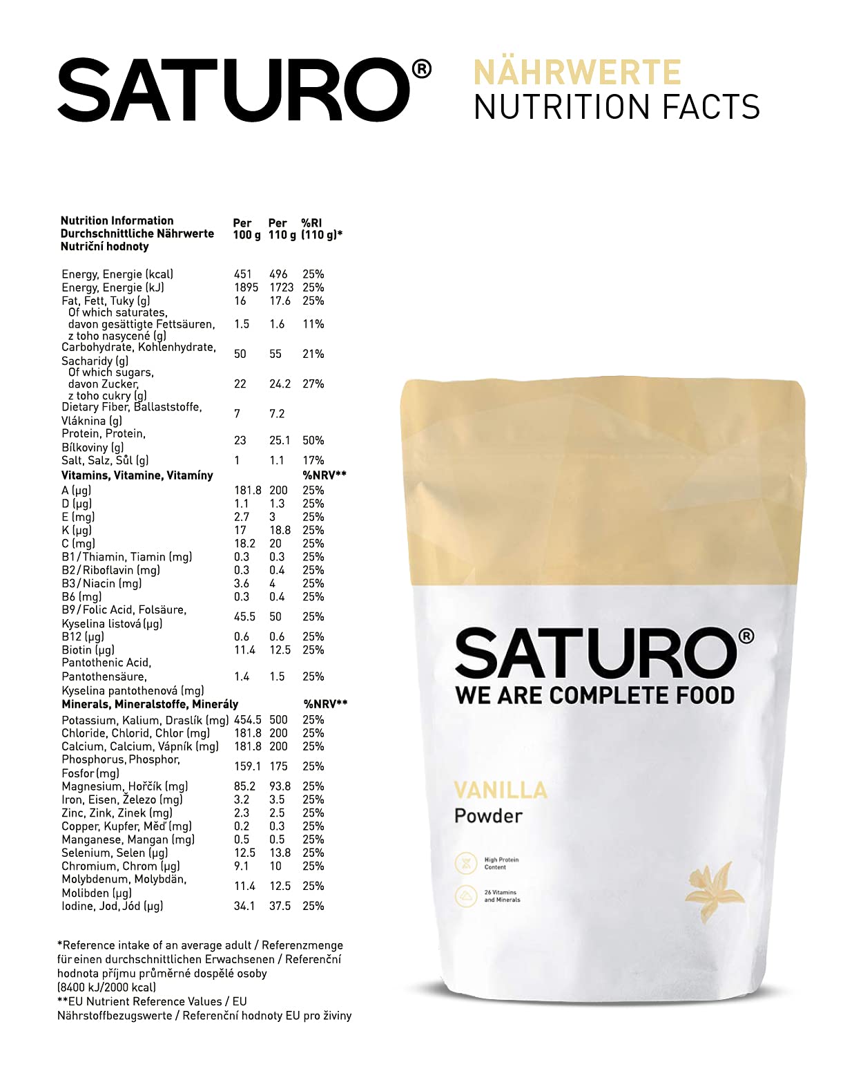 Saturo Substitut de Repas Protéiné, Vegan, 26 Vitamines et Minéraux, Riche en Protéines, Sachet de 1,43 kg, Goût Vanille