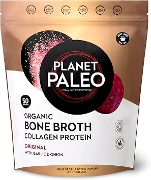 Planet Paleo Organic Bone Broth Collagen Protein Powder 450g, 50 Servings Original with Garlic & Onion, Grass-Fed, Keto, Low Carb, High Protein Drink or Add to Soups & Savoury Recipes