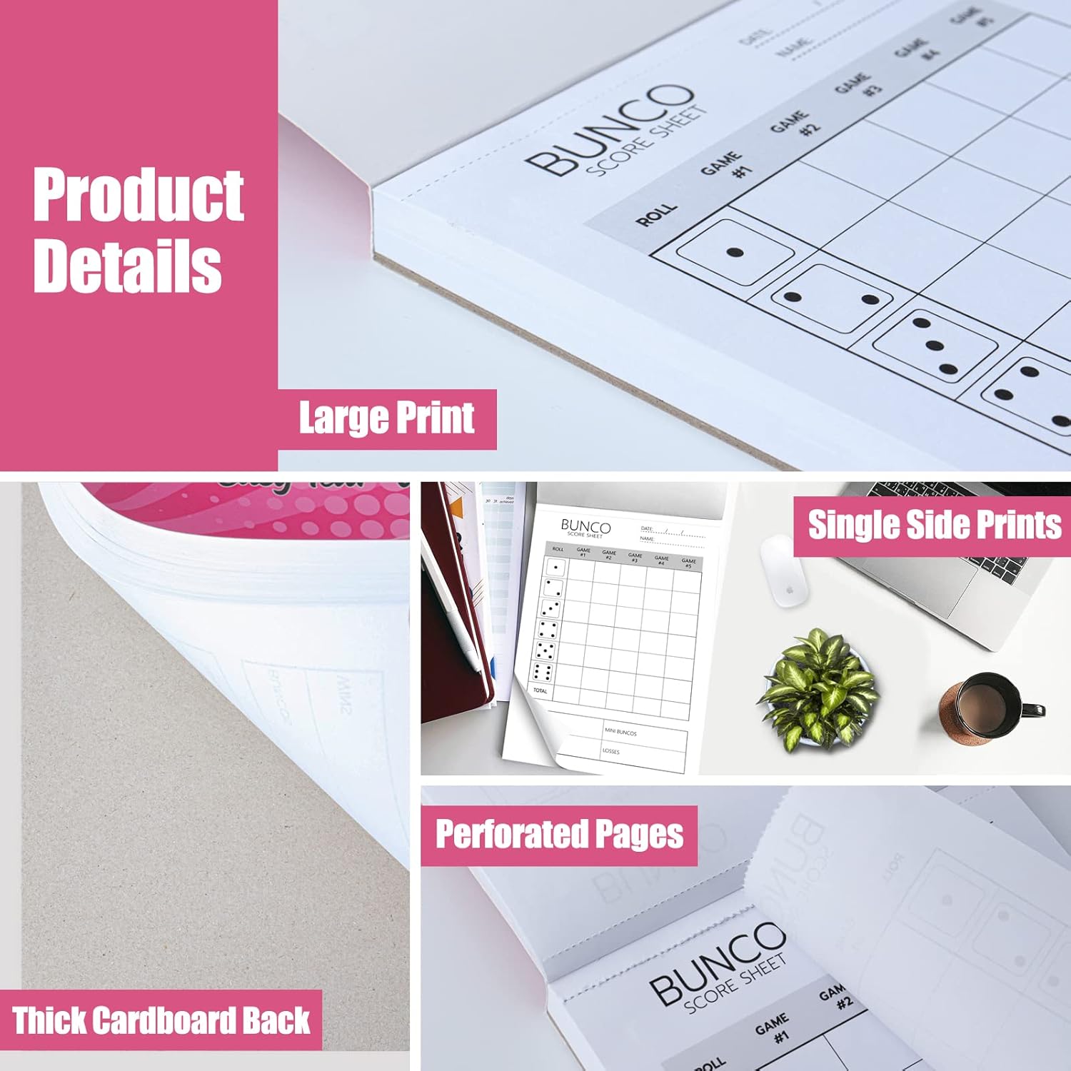 Bunco Score Sheets: 100 Single Side Large Print Score Sheets with Perforation, Perfect Addition to Your Bunco Game Kit and Bunco Party Supplies