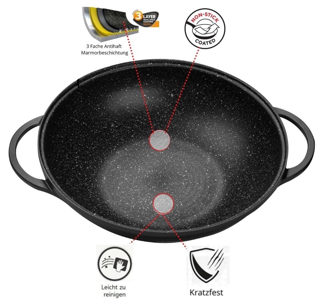 Cheffinger Wok Poêle Wok Woktopf Induction 36cm Fonte D'Aluminium avec Couvercle Poêle à Frire Marmorbeschichtung Silikongriffe