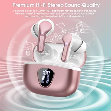 Wireless Earbuds, Bluetooth 5.4 Headphones HiFi Stereo, Bluetooth Earbuds with ENC Noise Cancelling Mic, IP7 Waterproof in Ear Earphones, 48H, LED Display Ear buds for Pad Workout Sports, Rose Gold