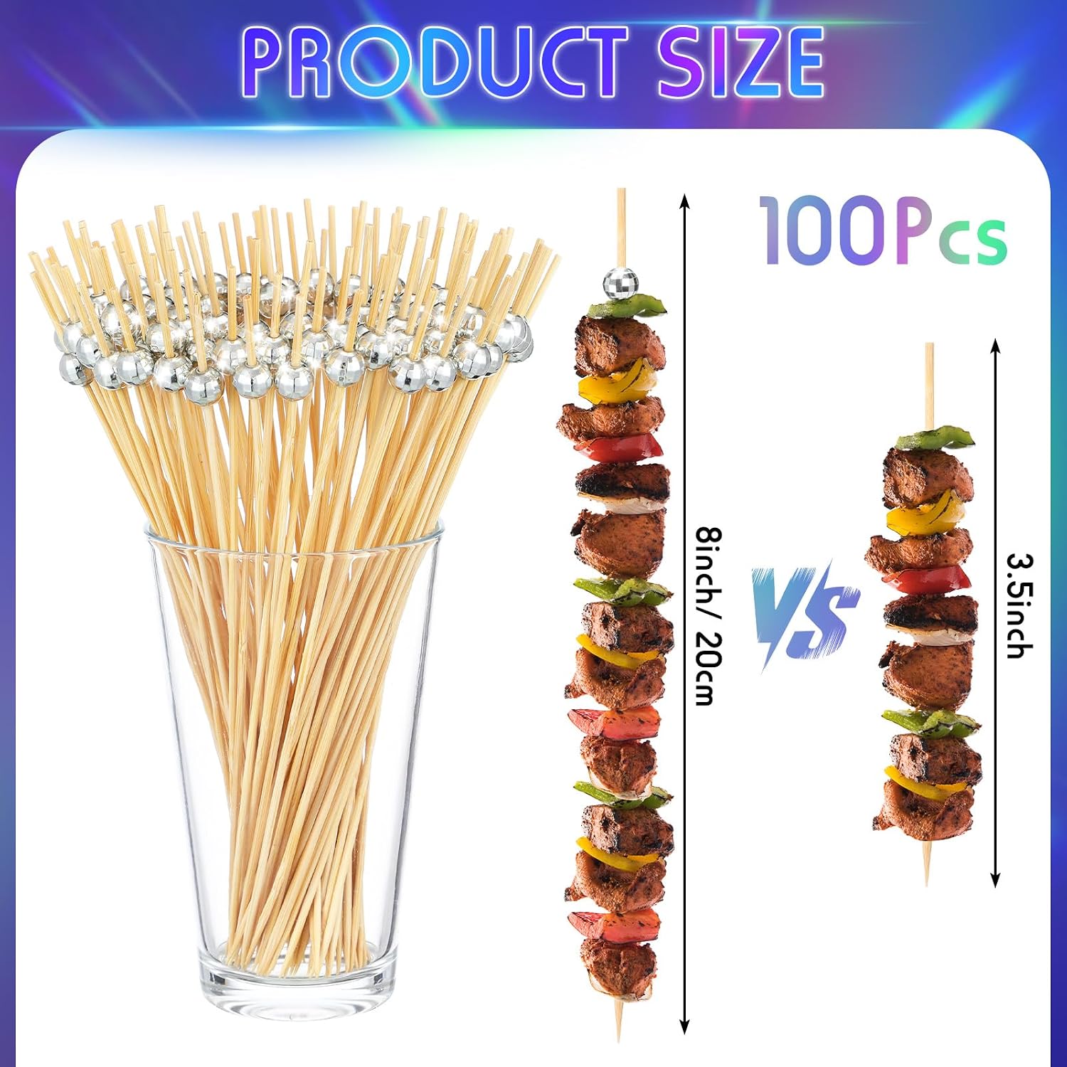 FoldTier 100 Pcs 8 Inch Disco Ball Cocktail Picks for Fruit Kabobs Appetizers Cocktail Fancy Bamboo Skewers Sticks Toothpicks Cake Topper for Disco 70s Party Bar Wedding Birthday Party Favor