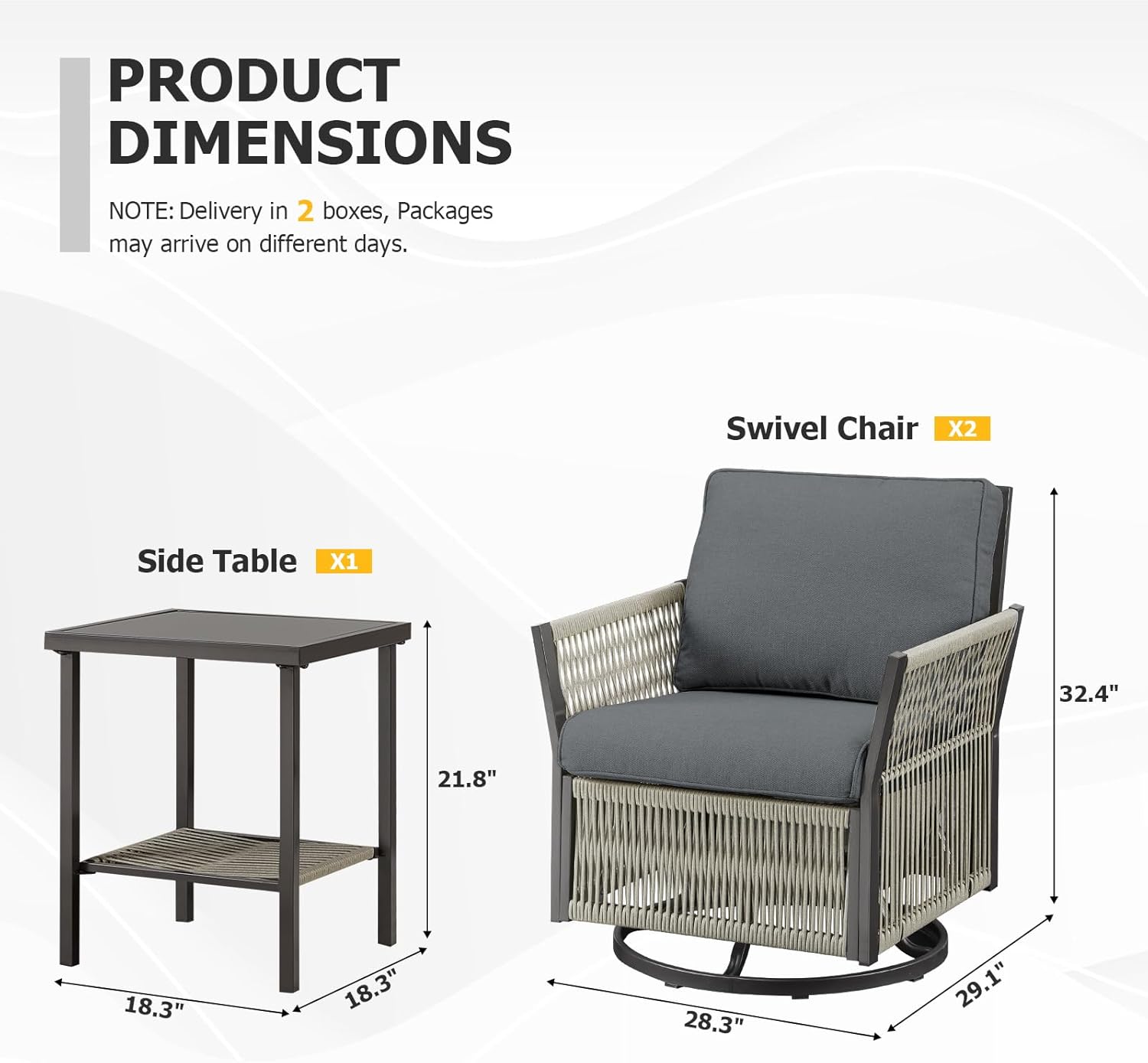 5 Piece Patio Bistro Furniture Set with Ottoman and Glass Side Table Swivel Rocker Glider Outdoor Chairs Set of 2, High Back Wicker Patio Conversation Set for Deck Porch Sunroom (Grey)
