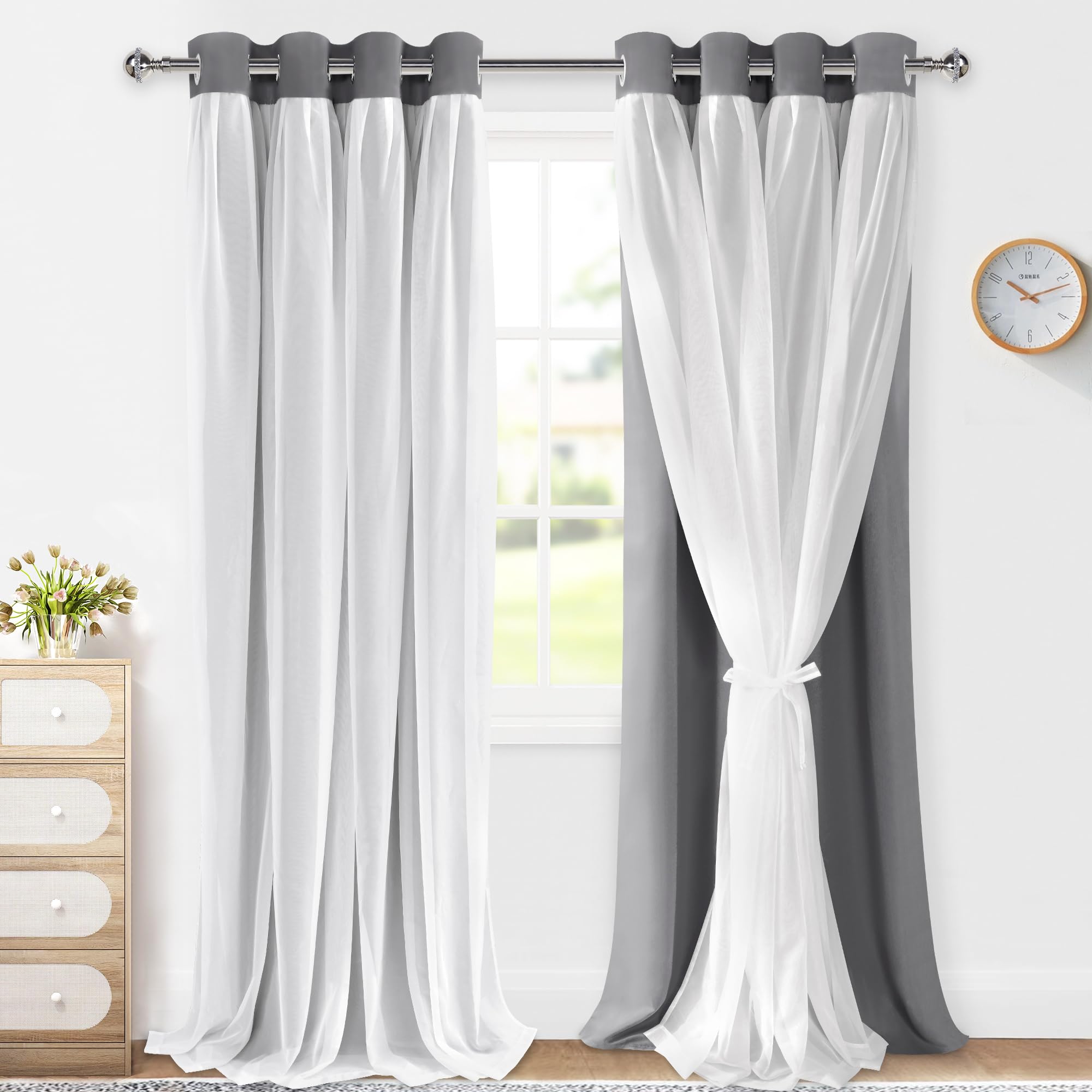 XWZO 100% Blackout Double Layer Curtains, Blackout Curtains with Sheer Overlay for Living Room, Children's Room, Grommet Thermal Insulated Privacy
