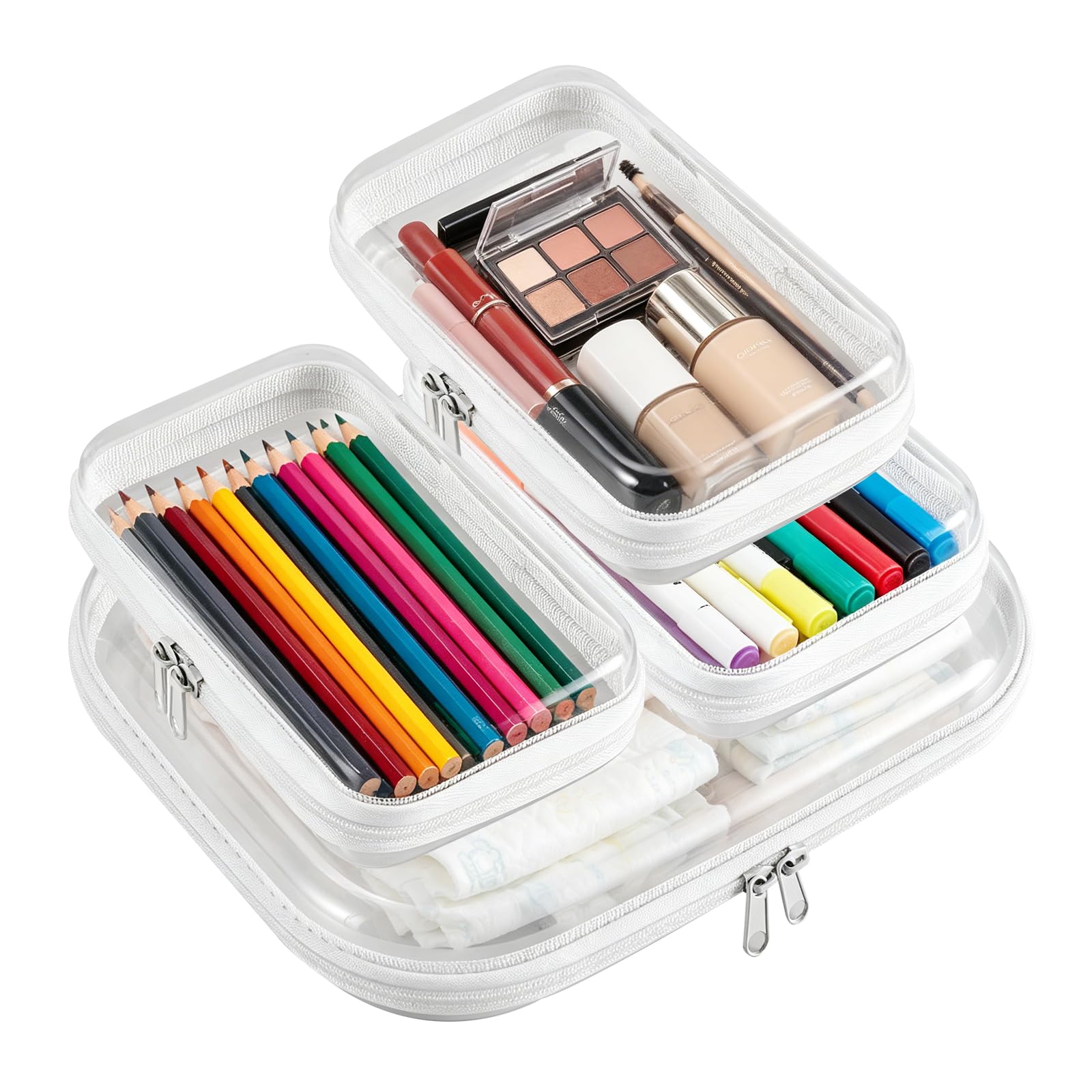 4 Pack Clear Bags Hard Shell Zipper Case for Pencil & Electronics (3S, 1M) | TrueLux Small Kid Toy Storage, Cosmetic Organizing for Travel, Transparent Stackable Plastic Pen Pouches for Art Supplies