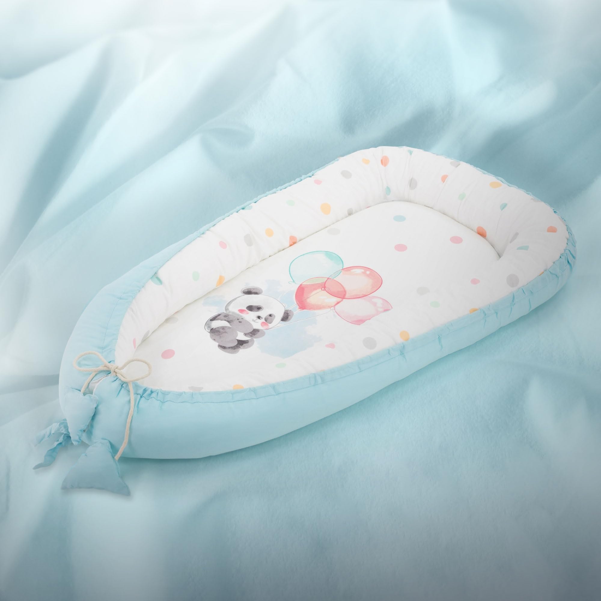 Joyz Babynest, Panda Hellblau, 90x50cm, Baumwolle, zweiseitig, antiallergisch, tragbar, Multifunktionale Babynestchen, Kokon für Babys & Säuglinge, Baby Nest Babybett Neugeborene Kuschelnest Reisebett