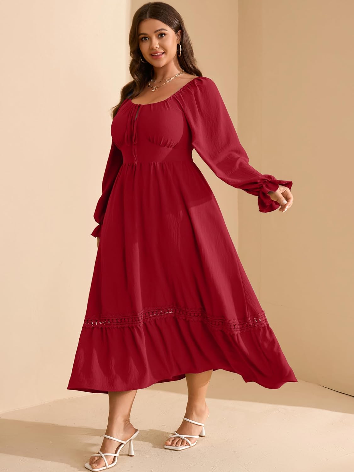 RWJ Women's Plus Size Fall Dresses Long Sleeve Square Neck Flowy Lace Trim Flutter Wedding Guest Party Casual Dress - Image 4