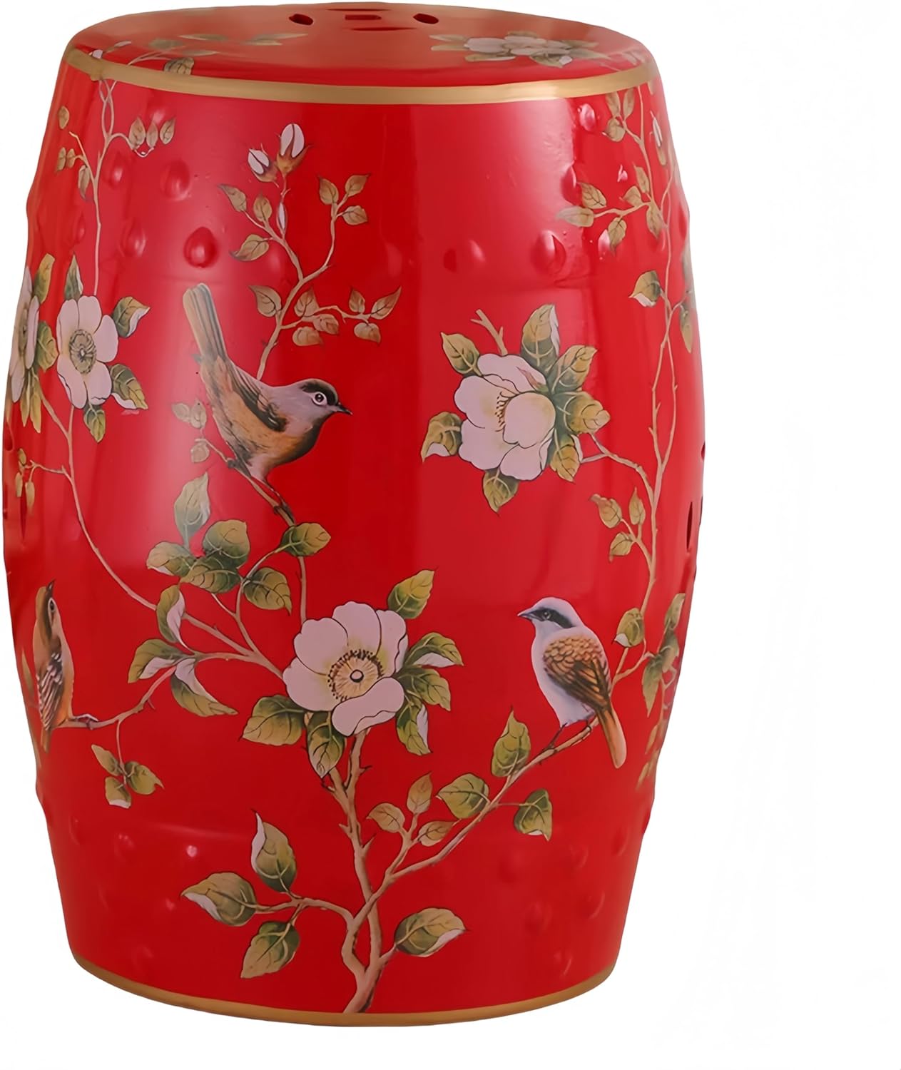 Ceramic Drum Garden Stool, Bird and Flower, Classic, Cottage, French Country,Bathroom, Garden Room, Patio (White)