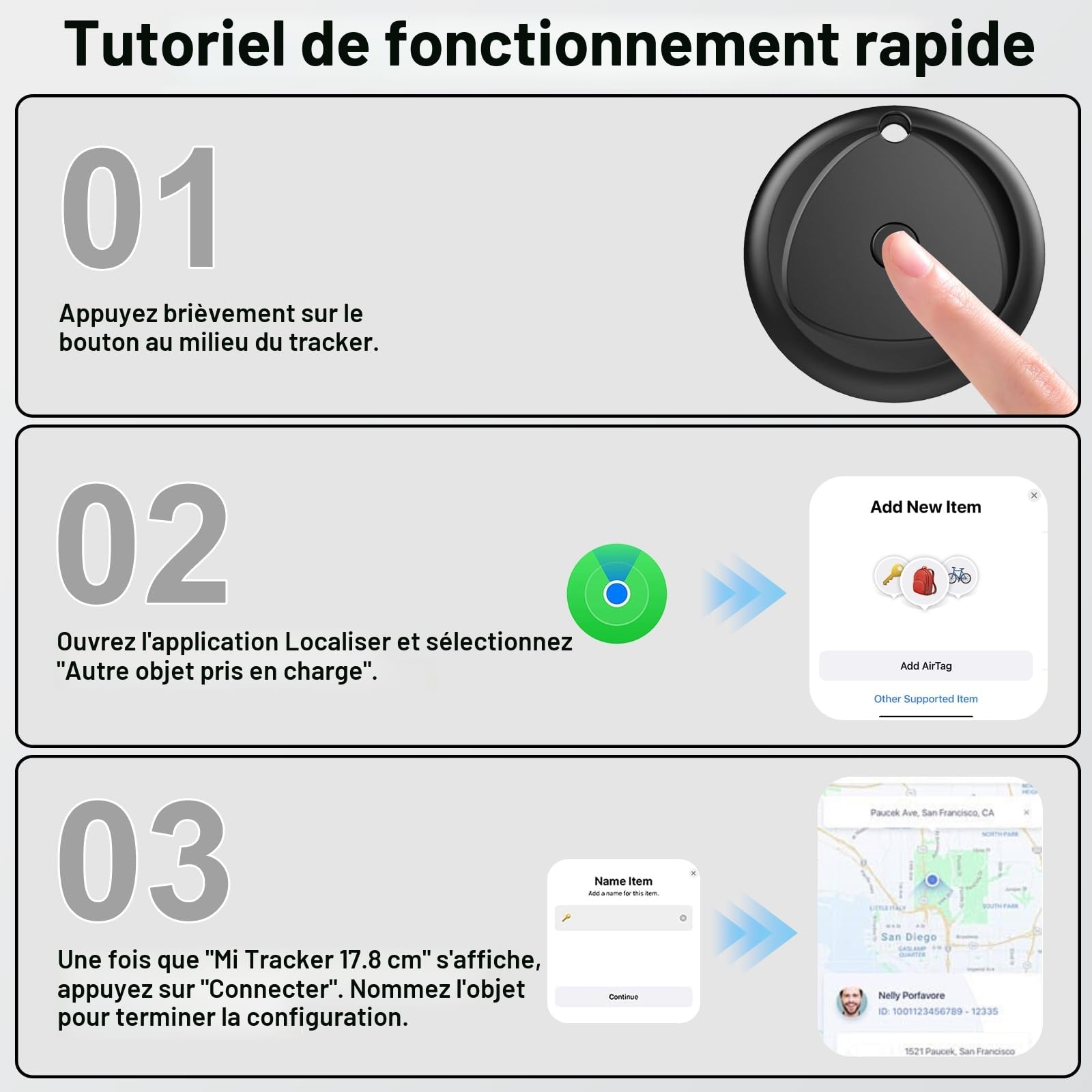 Air Smart tag avec étui, Traceur Lot de 4, Localisateurs d'objets Compatible avec Apple Localiser (iOS Uniquement), Étanche IP68, 80db, Autonomie de 365 Jours, pour Valises/Clés/Sacs/Bagages, Noir
