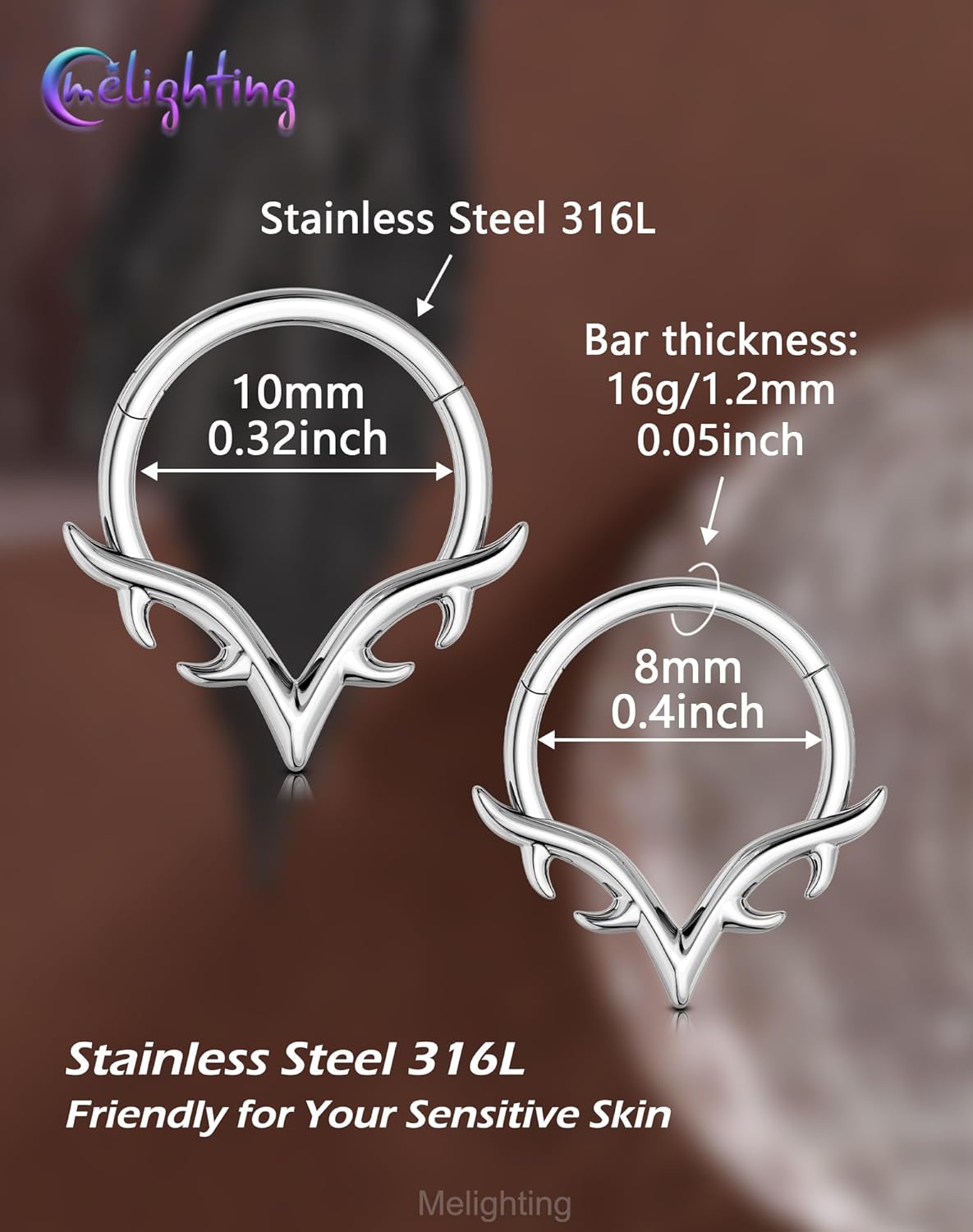 Melighting 16G V-Shaped Septum Ring, 316L Stainless Steel Nose Clicker, Wing Blade Septum Piercing Jewelry, Steel Daith Earring Helix Cartilage Piercing for Women 8/10 mm - Image 5